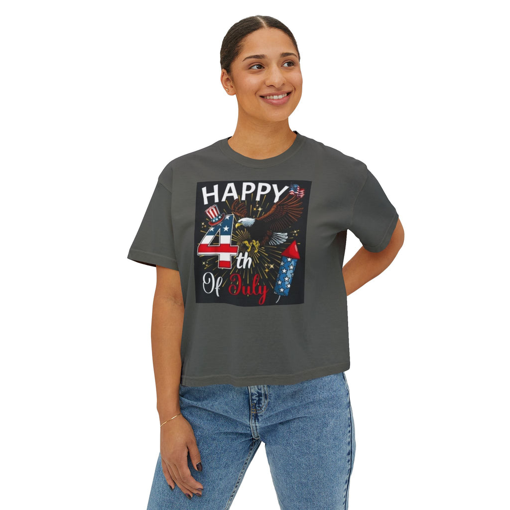 Happy 4th of July Women's Boxy Tee – Patriotic Eagle & Fireworks Top