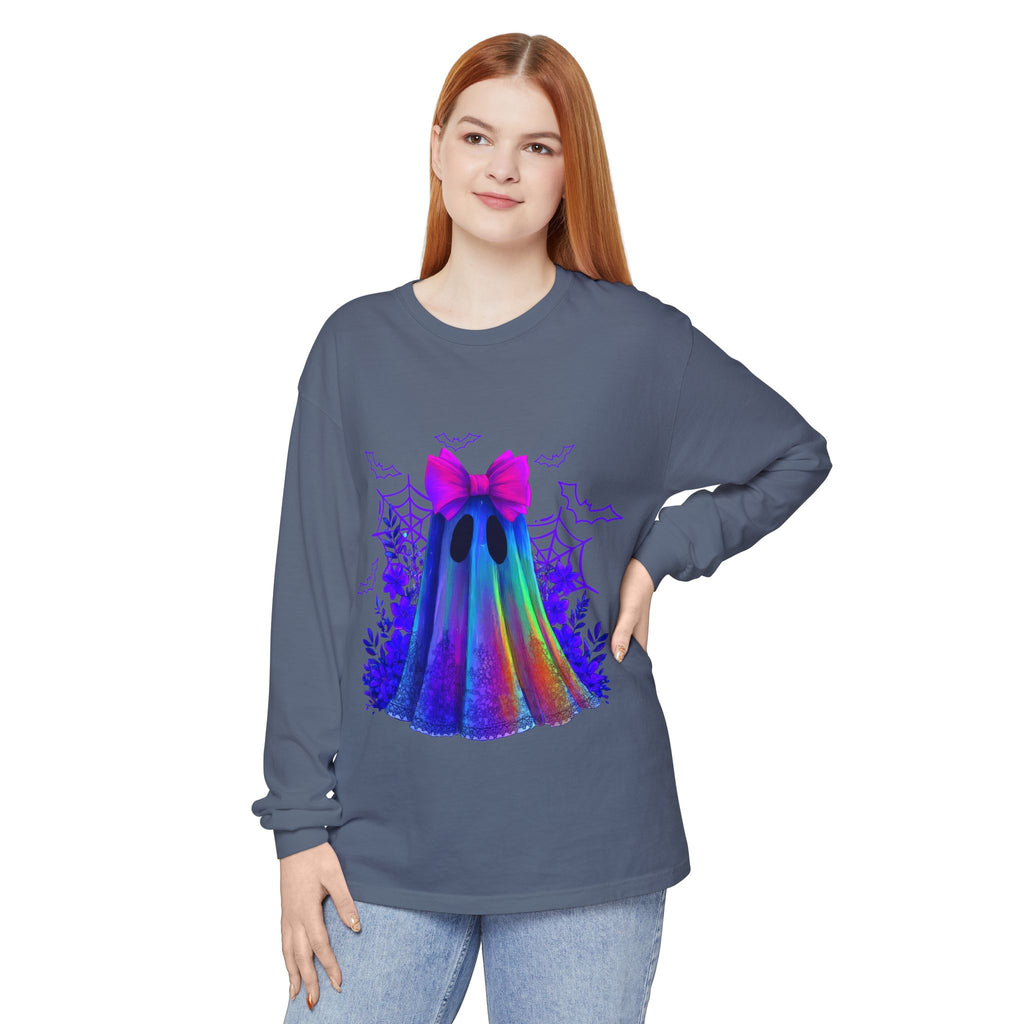 Halloween Ghost Long Sleeve Tee — Holographic Bow Ghost Graphic