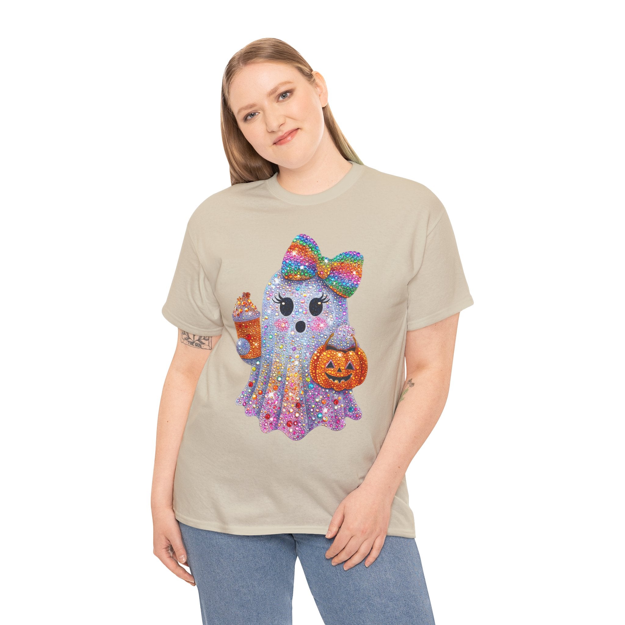 Cute Glitter Ghost T-Shirt — Rainbow Bow Halloween Tee with Pumpkin & Candy Cup
