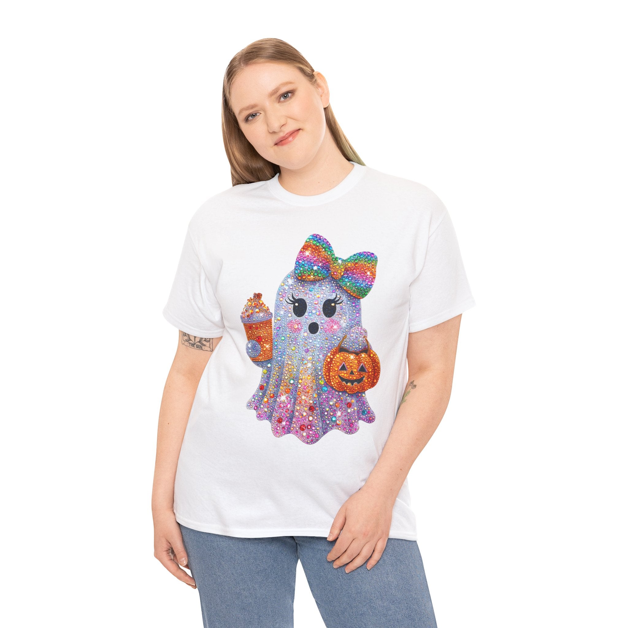Cute Glitter Ghost T‑Shirt — Rainbow Bow Halloween Tee with Pumpkin & Candy