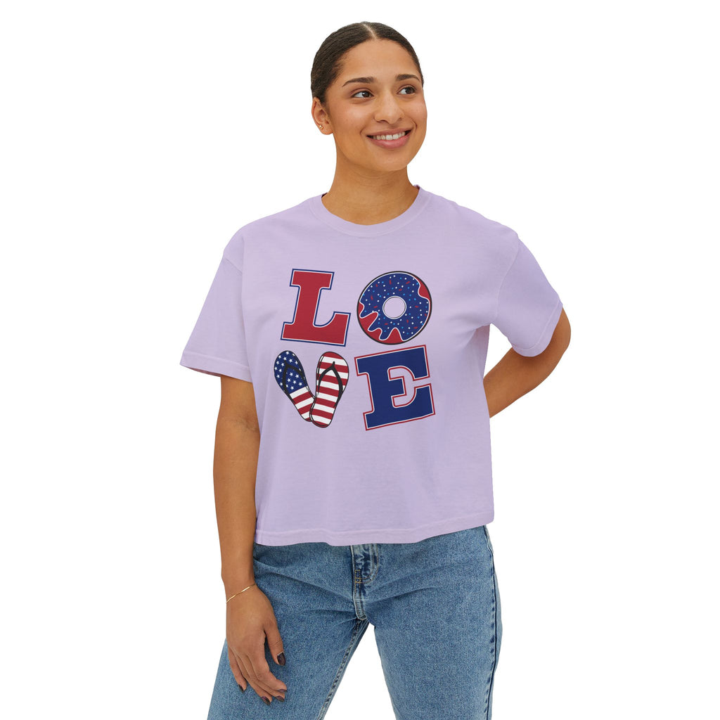 Patriotic LOVE Boxy Tee — Women's 4th of July American Flag Graphic Shirt