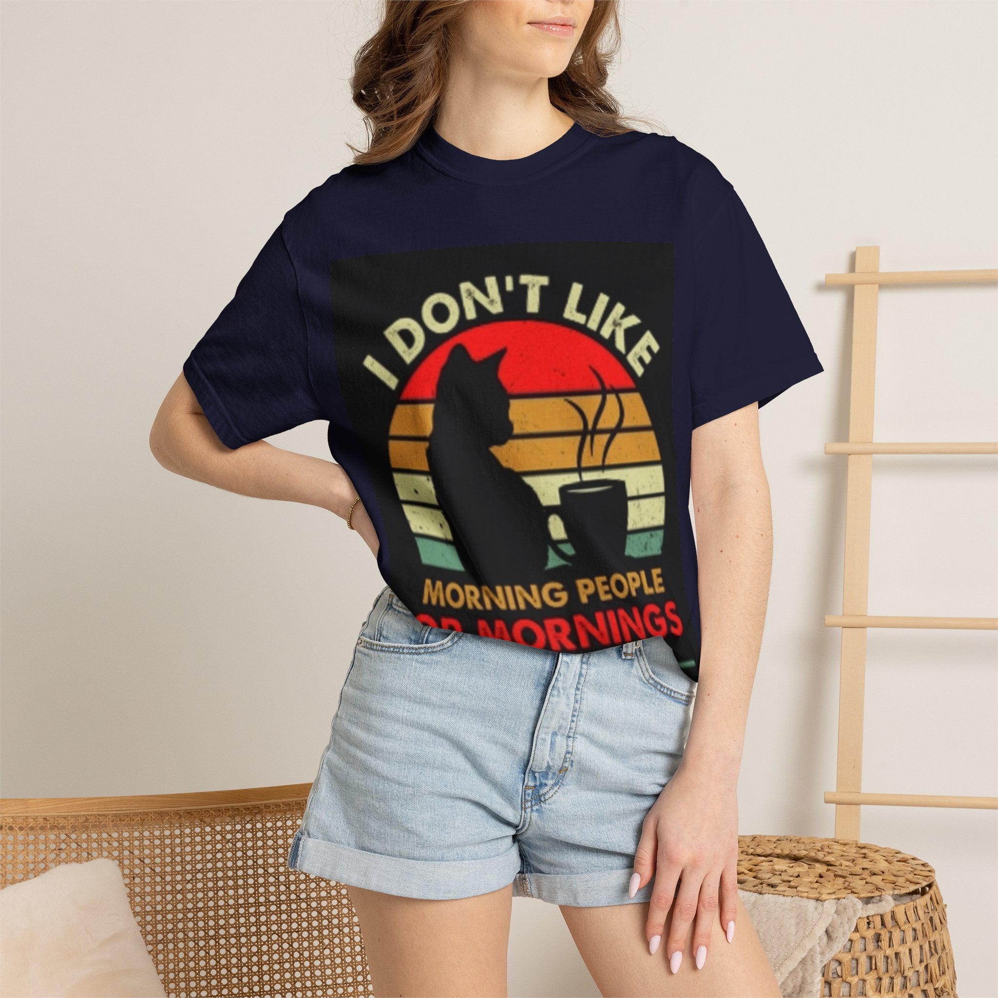 I Don't Like Morning People T-Shirt — Cat & Coffee Retro Graphic Tee