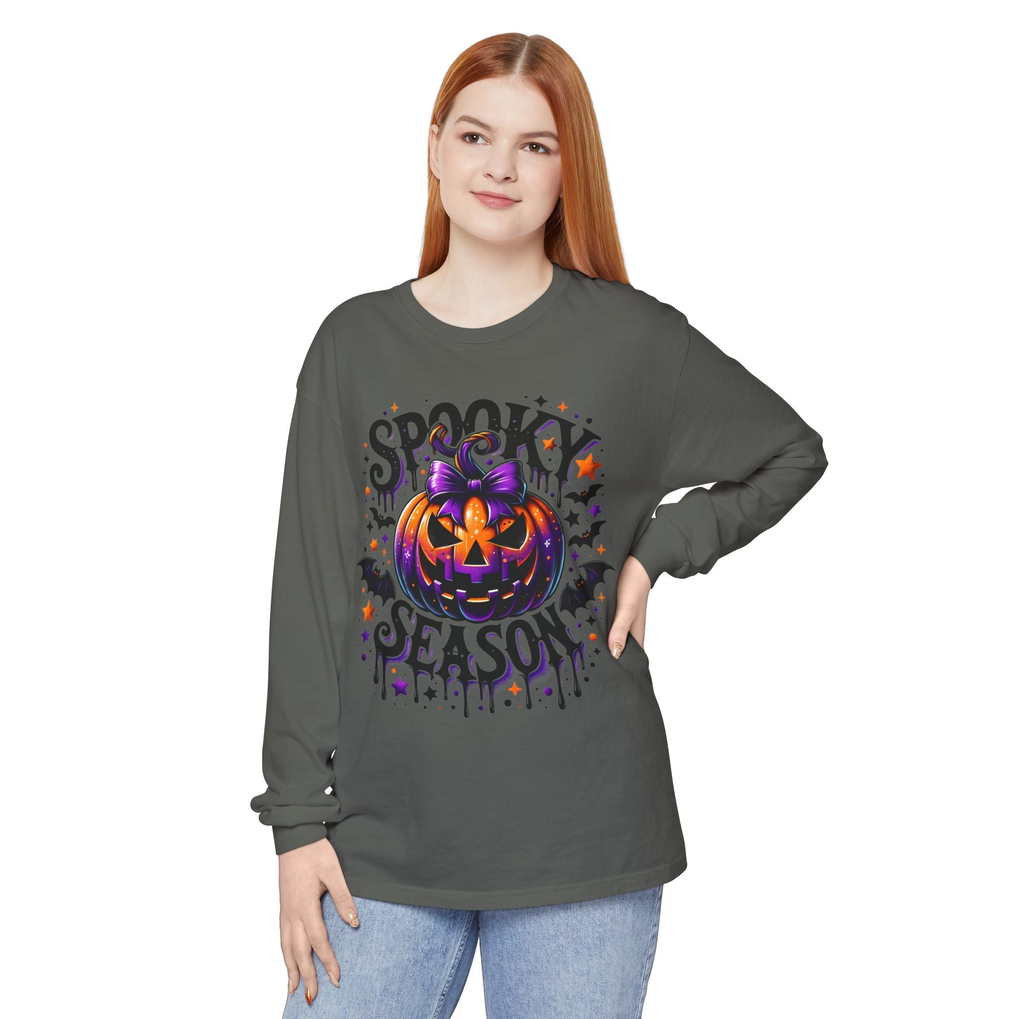 Spooky Season Long Sleeve Tee — Purple Pumpkin Halloween Design