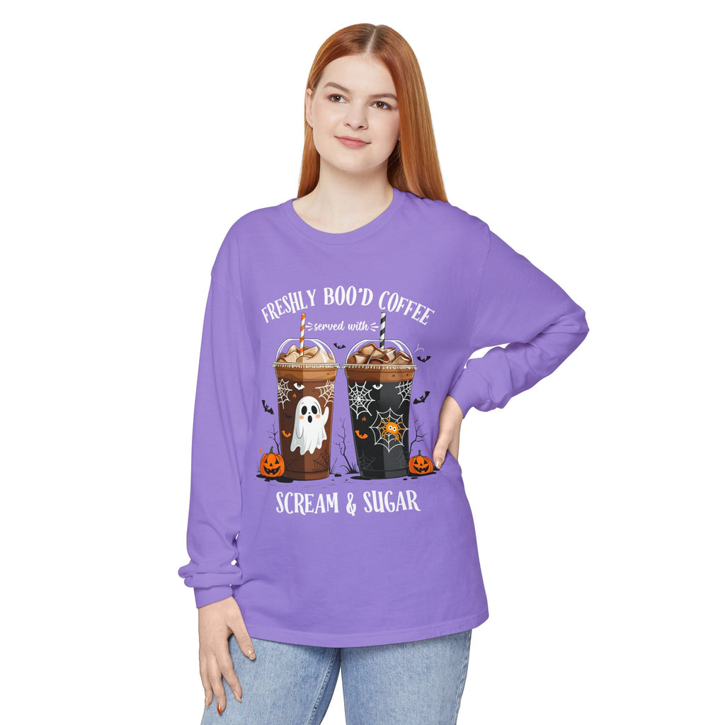 Halloween Coffee Long Sleeve Tee — "Freshly Boo'd Coffee, Scream & Sugar"