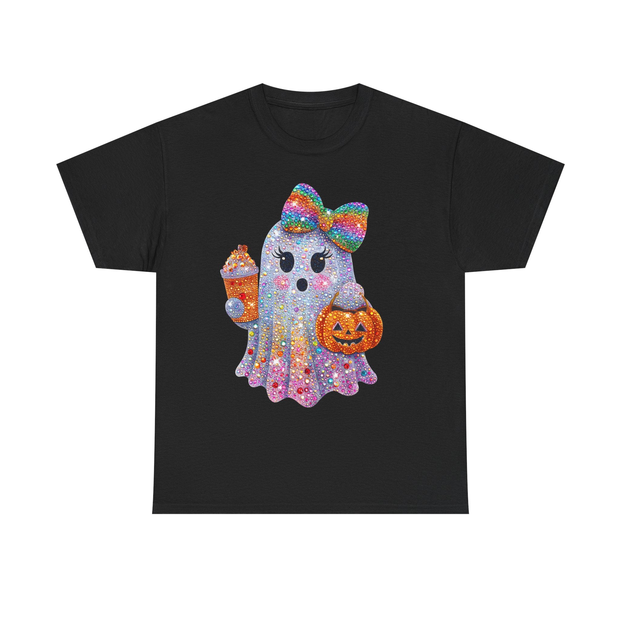 Cute Glitter Ghost T-Shirt — Rainbow Bow Halloween Tee with Pumpkin & Candy Cup