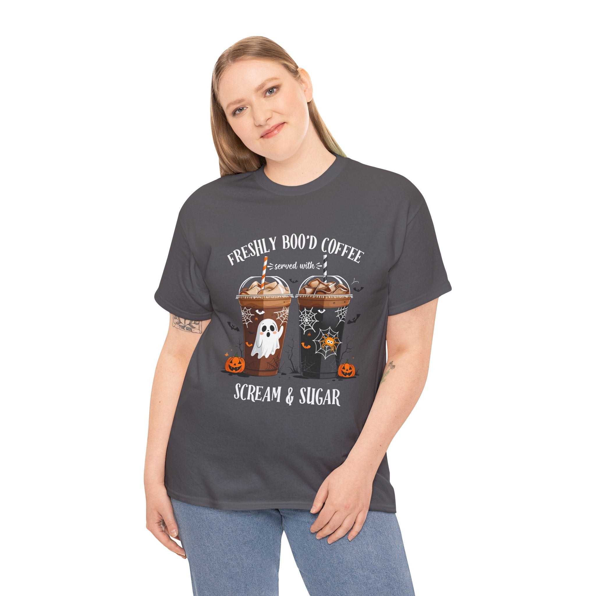 Halloween Coffee T‑Shirt - "Freshly Boo’d Coffee: Scream & Sugar" Funny Spooky Pumpkin Ghost Tee