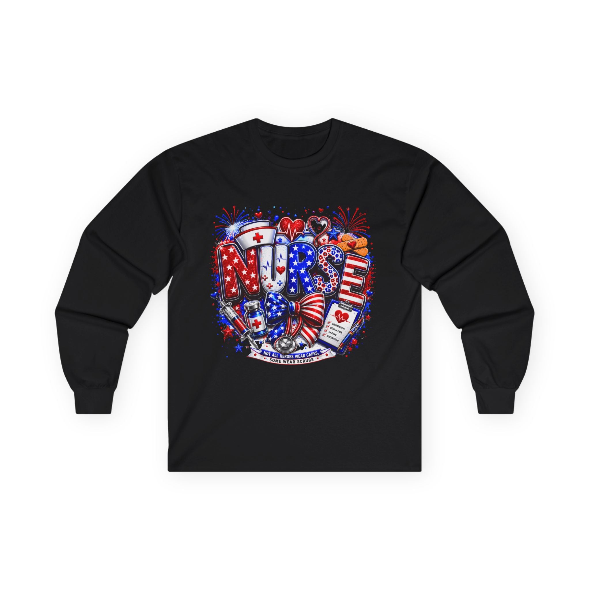 Nurse Heart Patriotic Long Sleeve Tee — USA Flag & Medical Design
