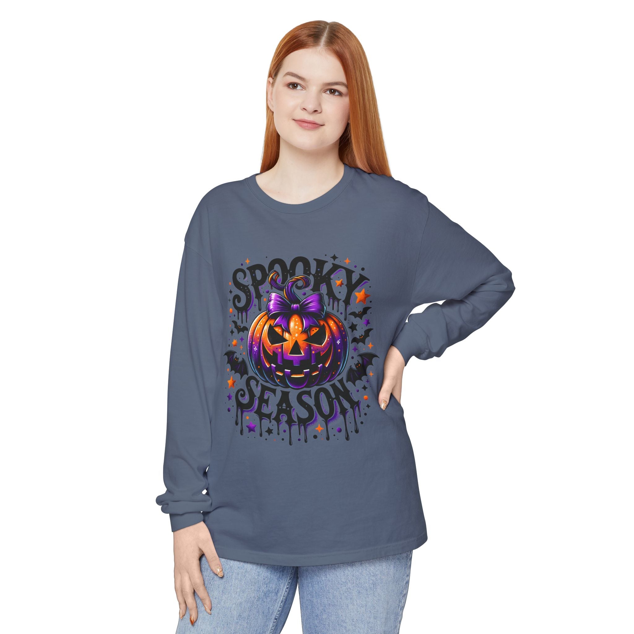 Spooky Season Long Sleeve Tee — Purple Jack-O'-Lantern Halloween Shirt