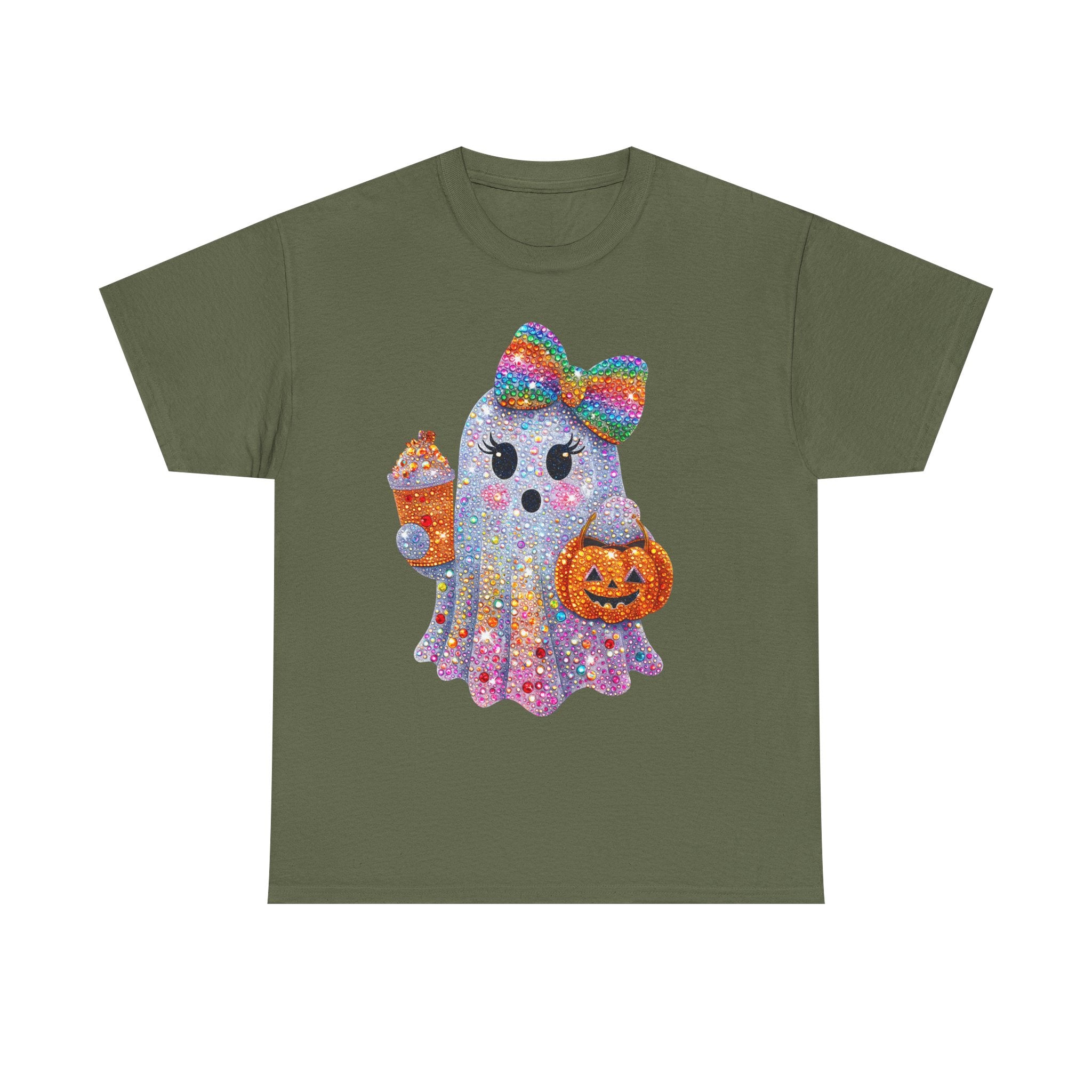 Cute Glitter Ghost T-Shirt — Rainbow Bow Halloween Tee with Pumpkin & Candy Cup