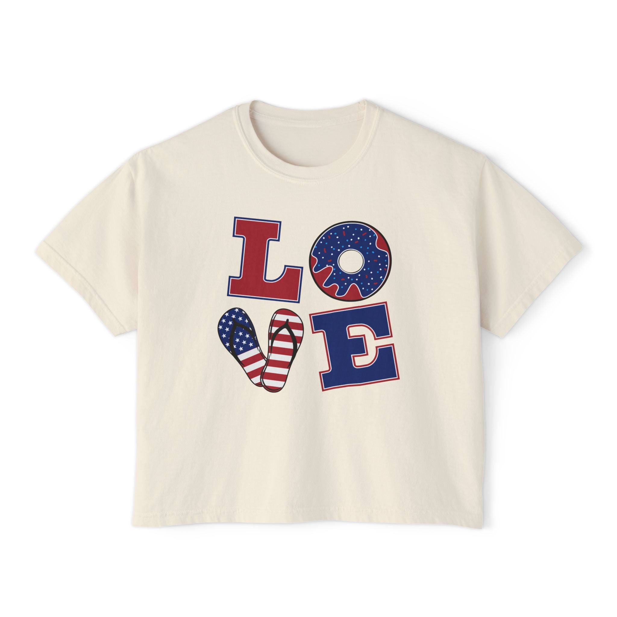 Patriotic LOVE Boxy Tee — Women's 4th of July American Flag Graphic Shirt