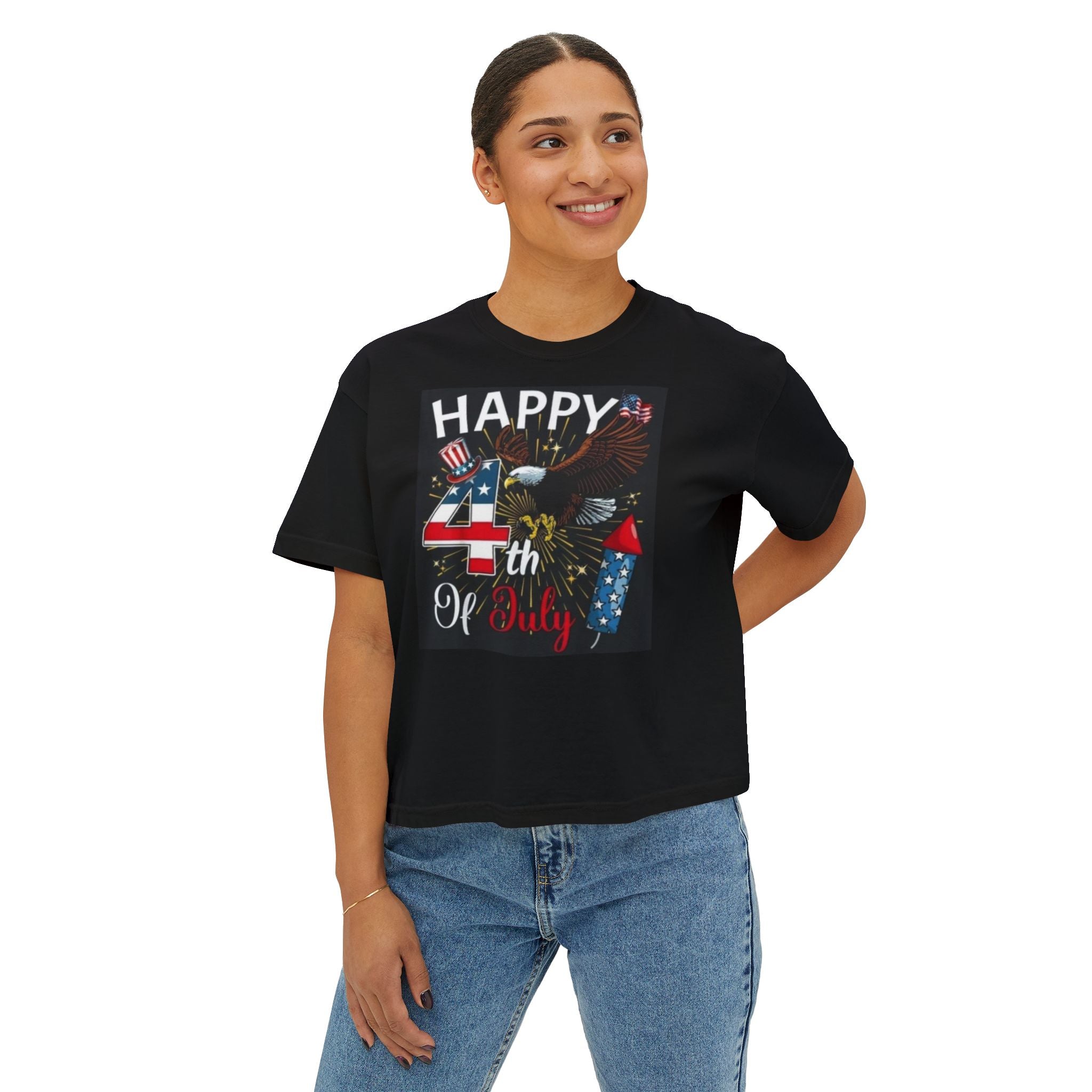 Happy 4th of July Women's Boxy Tee – Patriotic Eagle & Fireworks Top