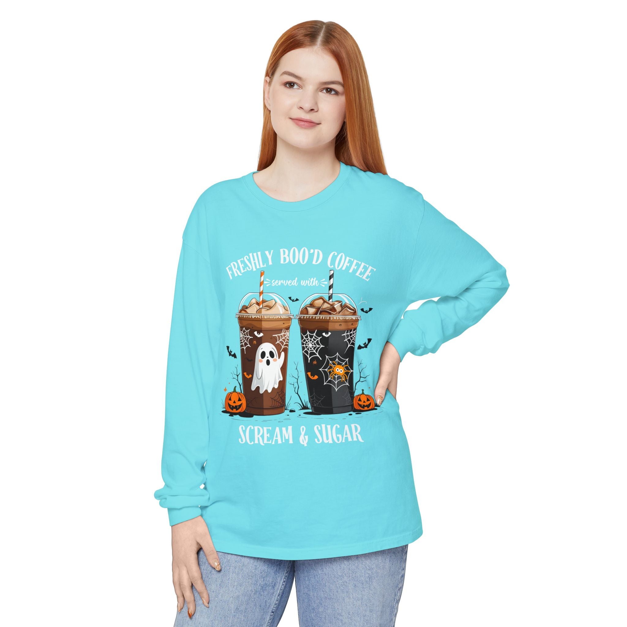 Halloween Coffee Long Sleeve Tee — "Freshly Boo'd Coffee, Scream & Sugar"