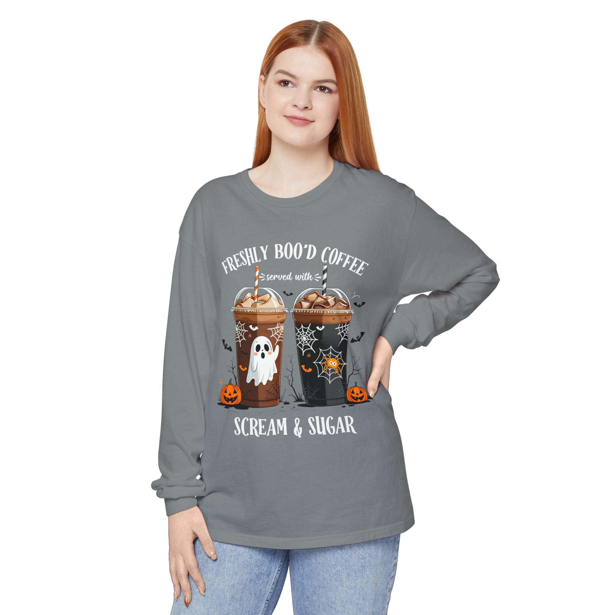 Halloween Coffee Long Sleeve Tee — "Freshly Boo'd Coffee, Scream & Sugar"