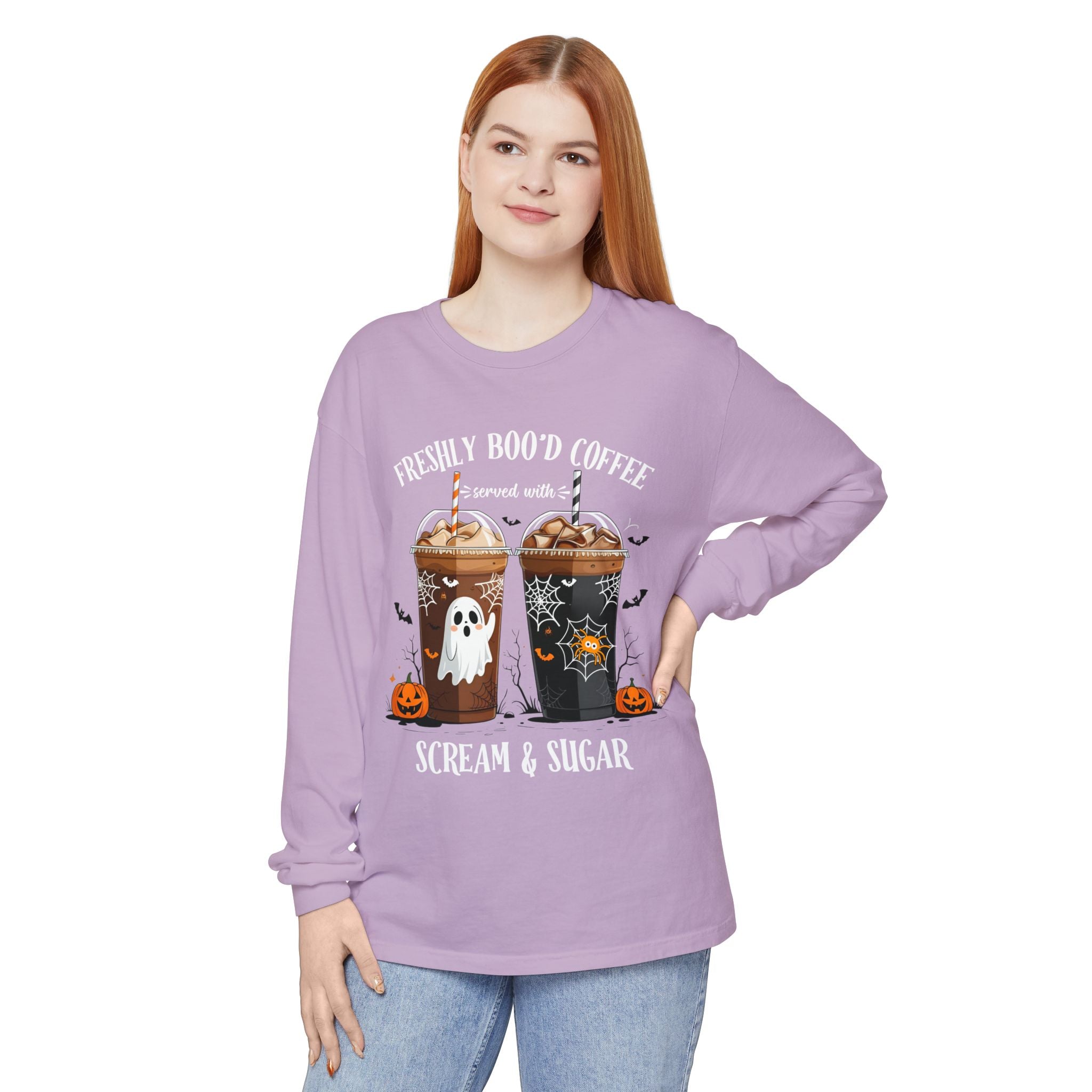 Halloween Coffee Long Sleeve Tee — "Freshly Boo'd Coffee, Scream & Sugar"