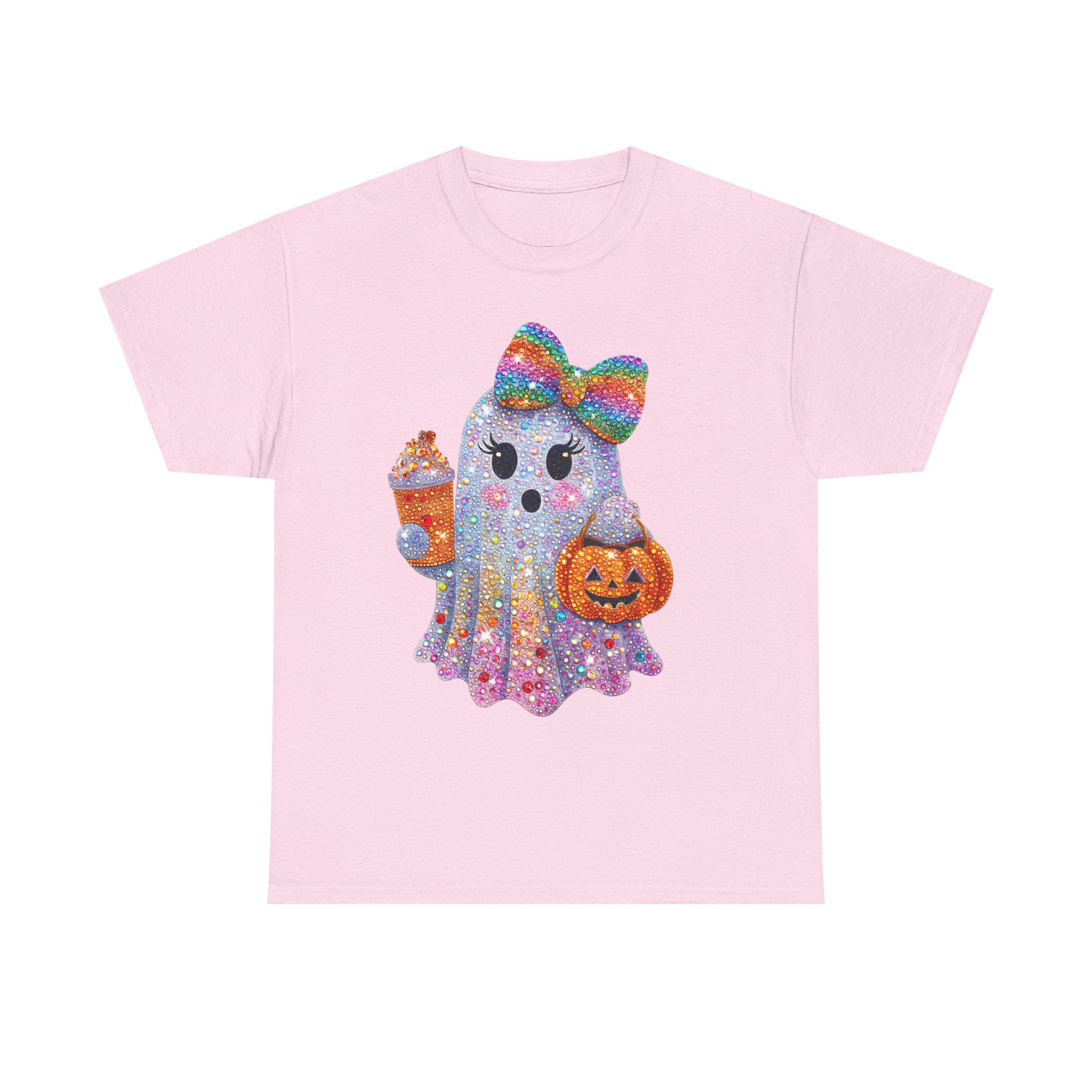 Cute Glitter Ghost T-Shirt — Rainbow Bow Halloween Tee with Pumpkin & Candy Cup