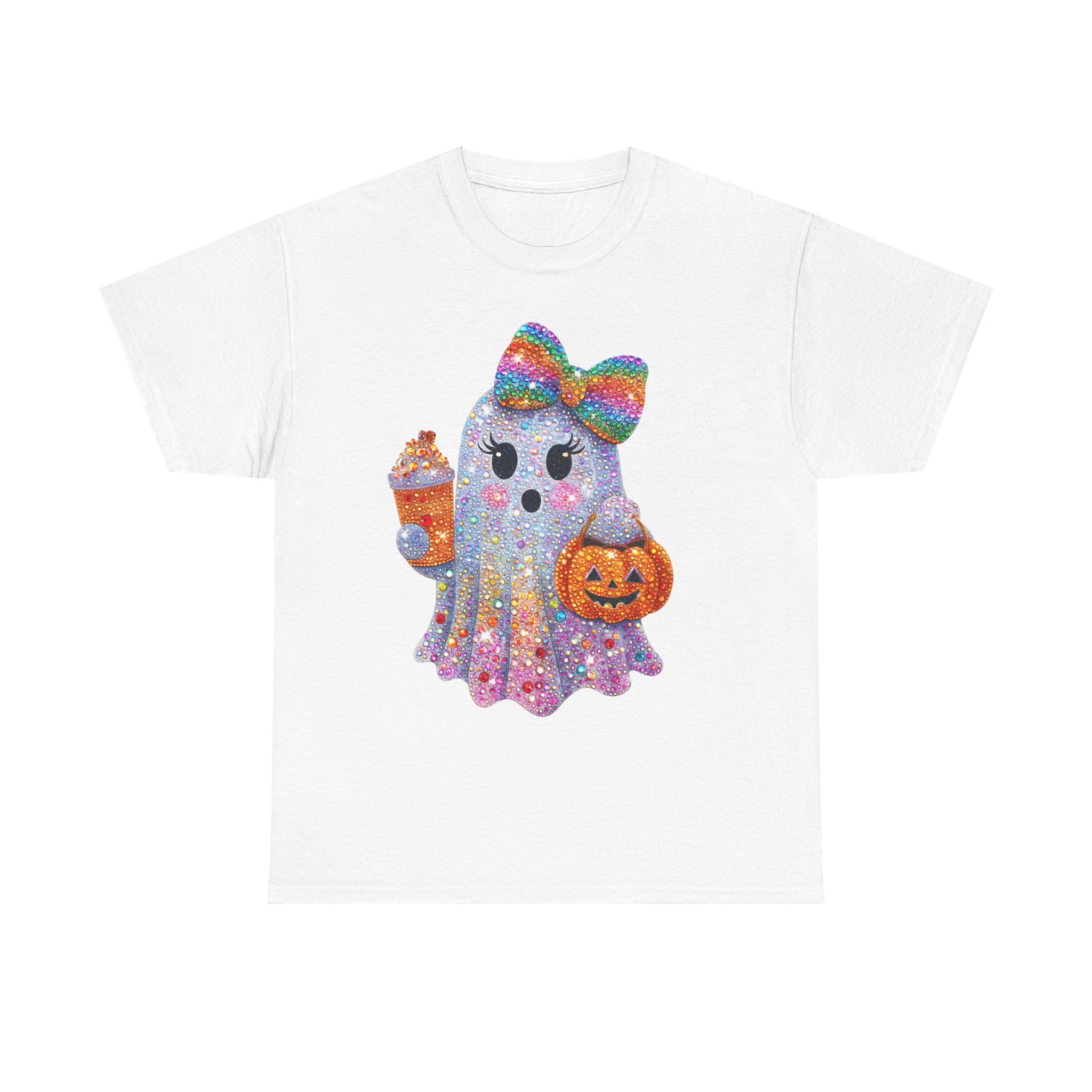 Cute Glitter Ghost T-Shirt — Rainbow Bow Halloween Tee with Pumpkin & Candy Cup