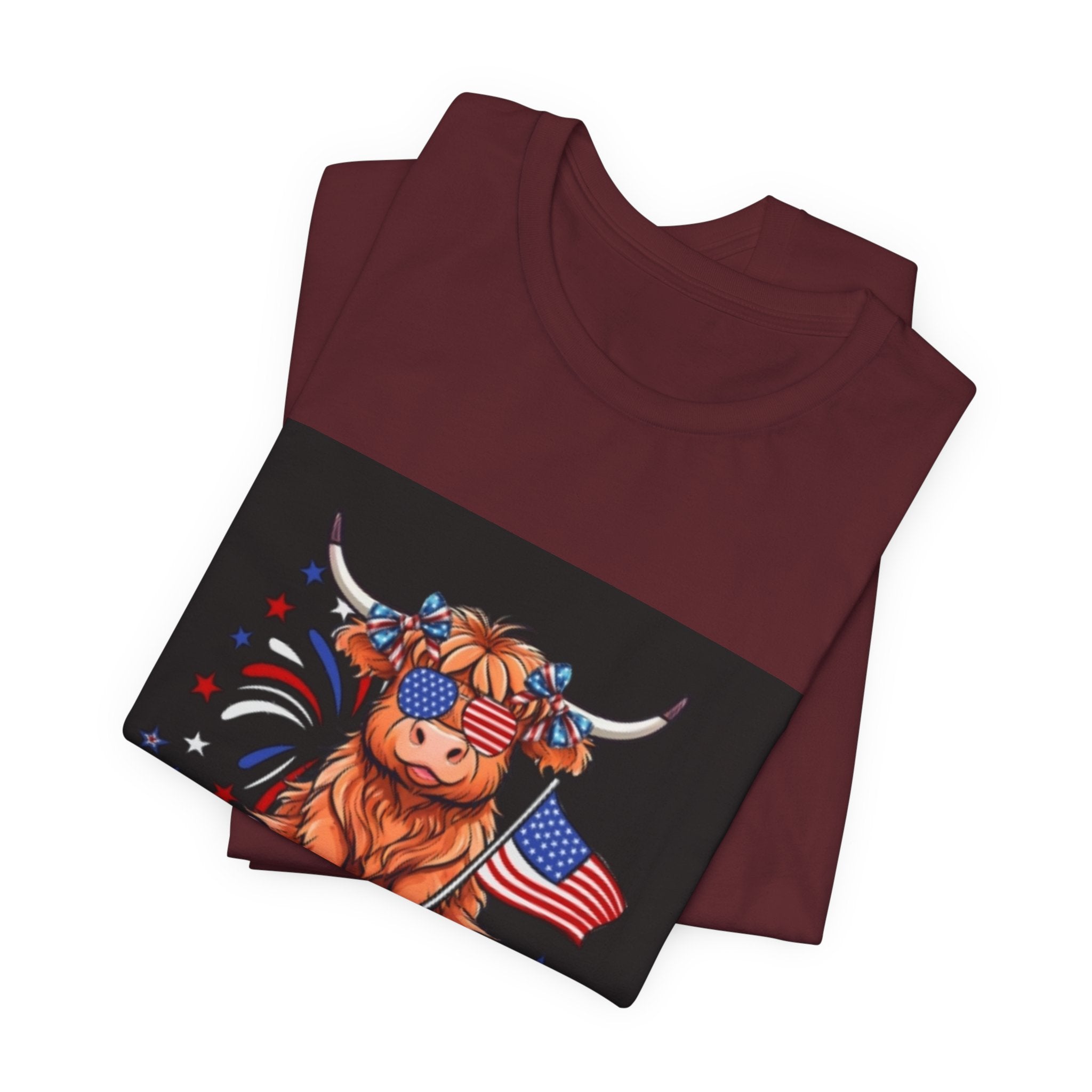 Patriotic Highland Cow Tee — "Merica" American Flag 4th of July Shirt