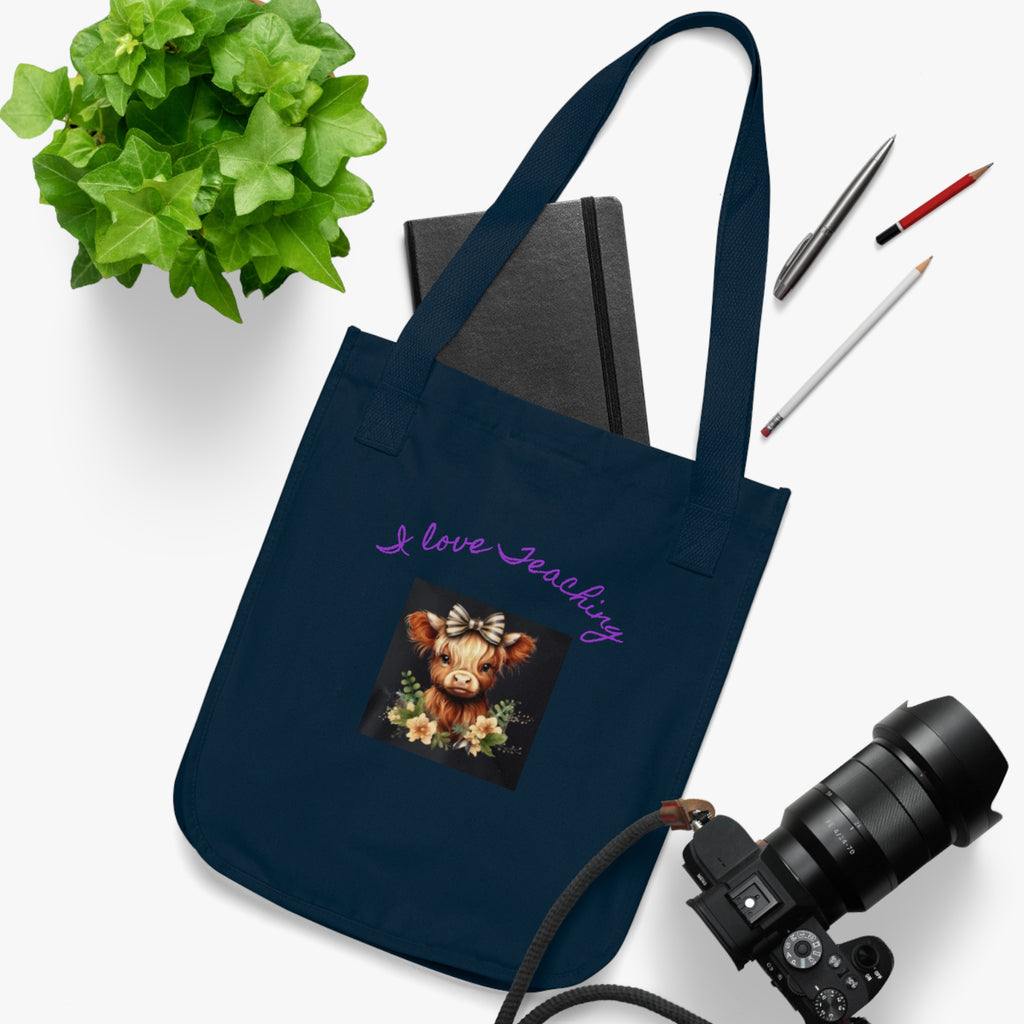 Tote Bag — "I Love Teaching" Cute Cow Floral Organic Canvas Tote