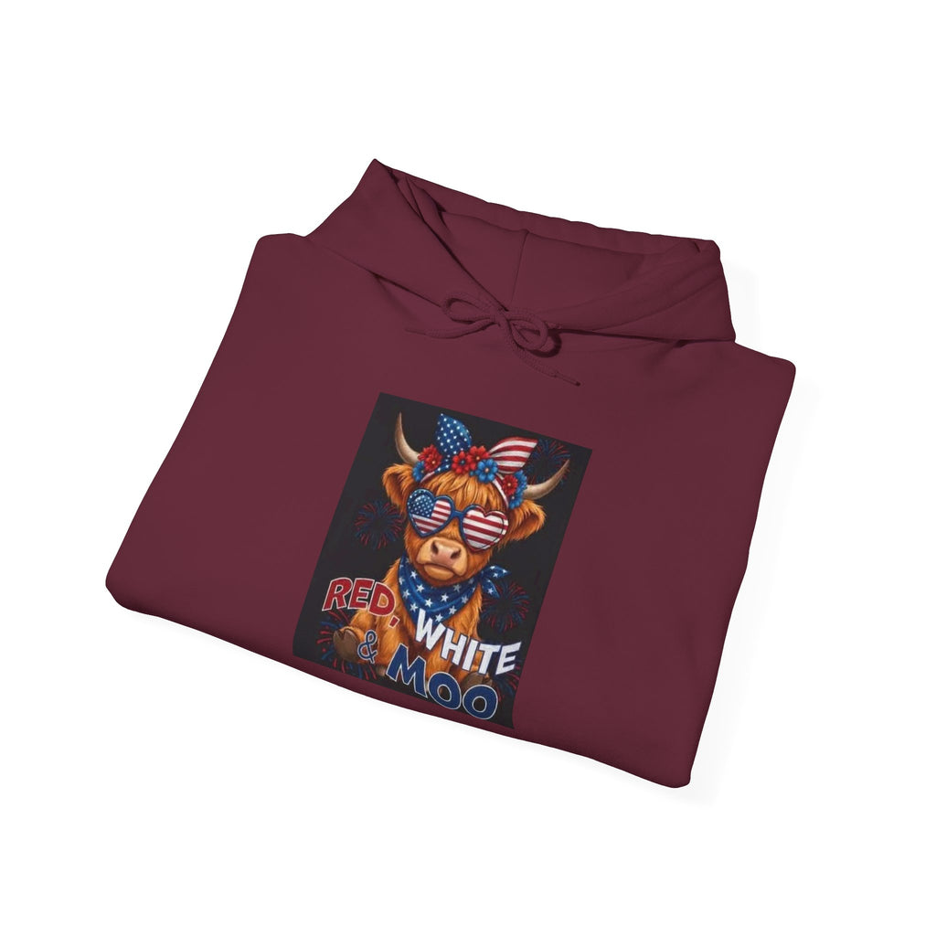 Patriotic Cow Graphic Hoodie — "Red White Moo" Americana Farmwear