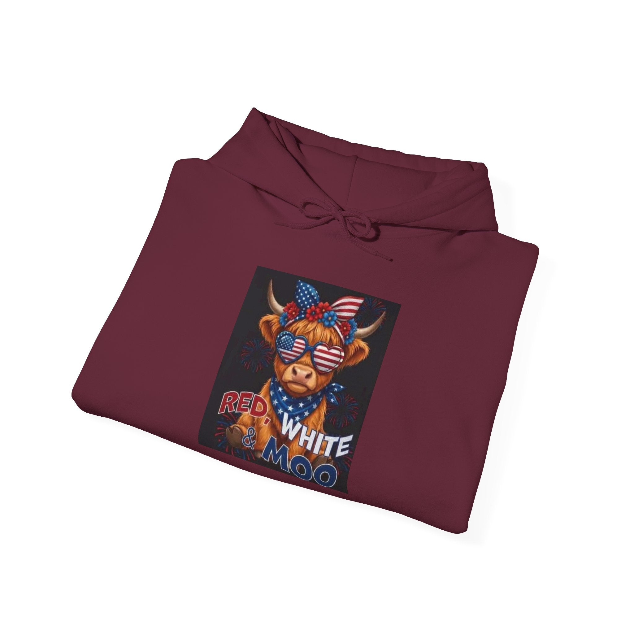 Patriotic Cow Graphic Hoodie — "Red White Moo" Americana Farmwear