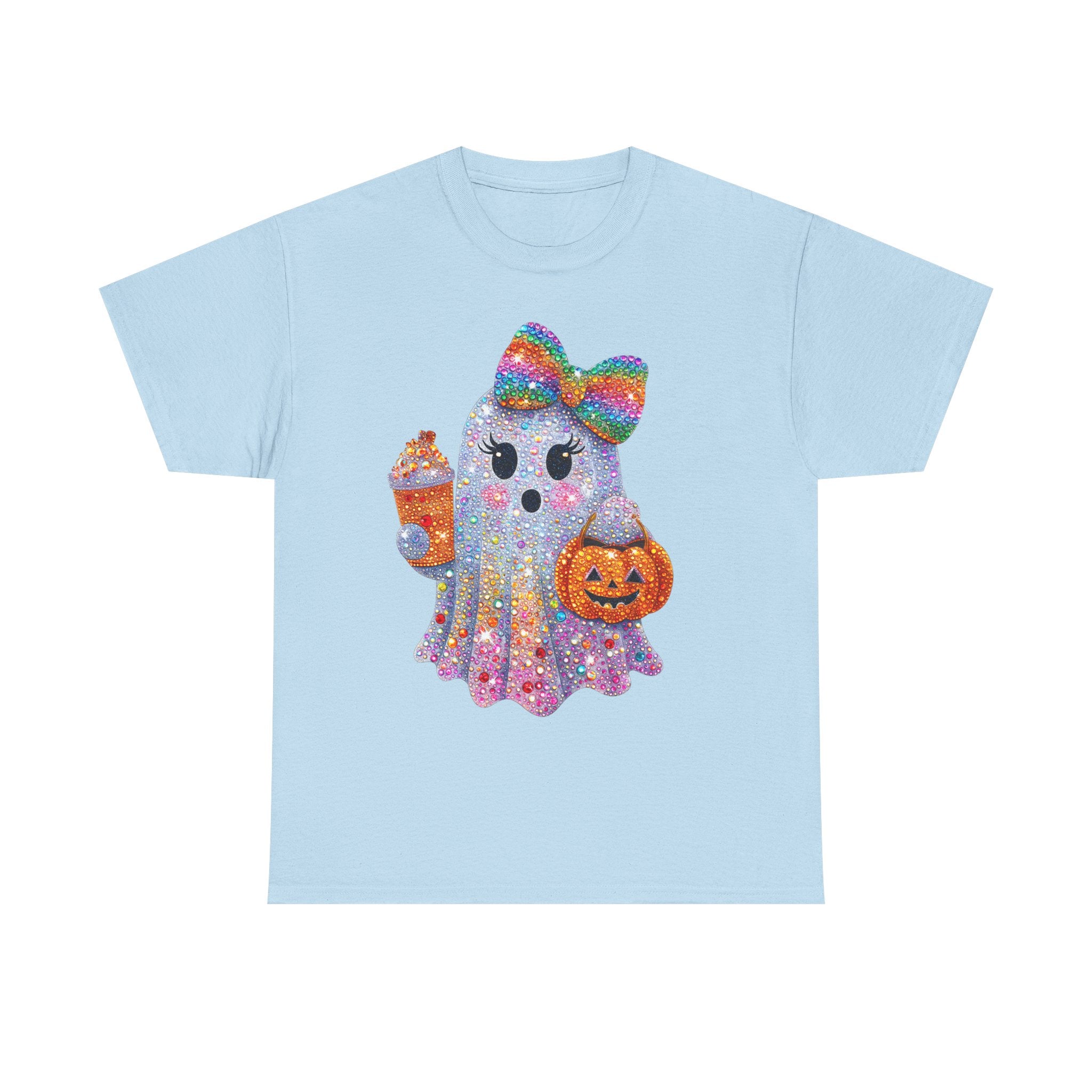 Cute Glitter Ghost T-Shirt — Rainbow Bow Halloween Tee with Pumpkin & Candy Cup