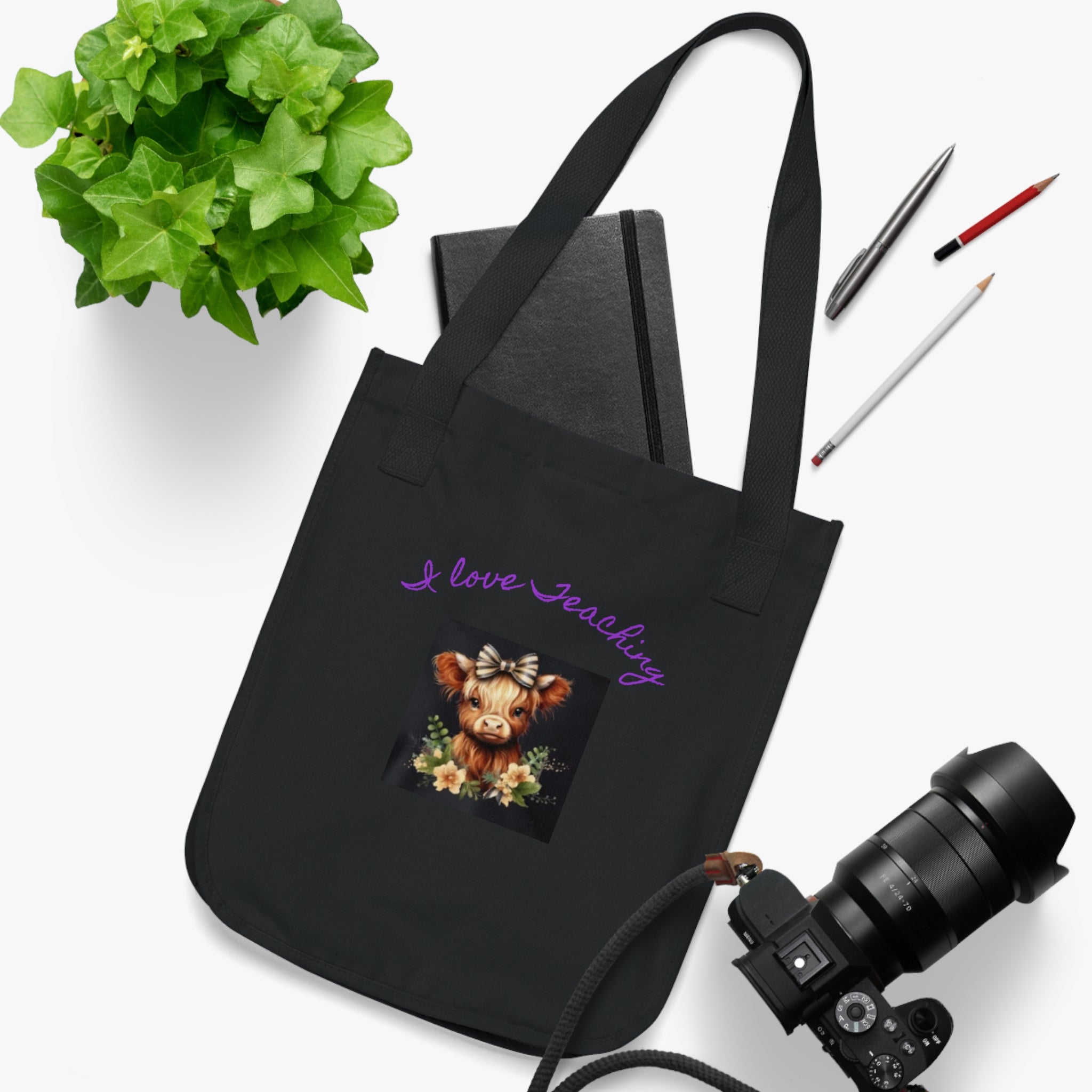 Tote Bag — "I Love Teaching" Cute Cow Floral Organic Canvas Tote