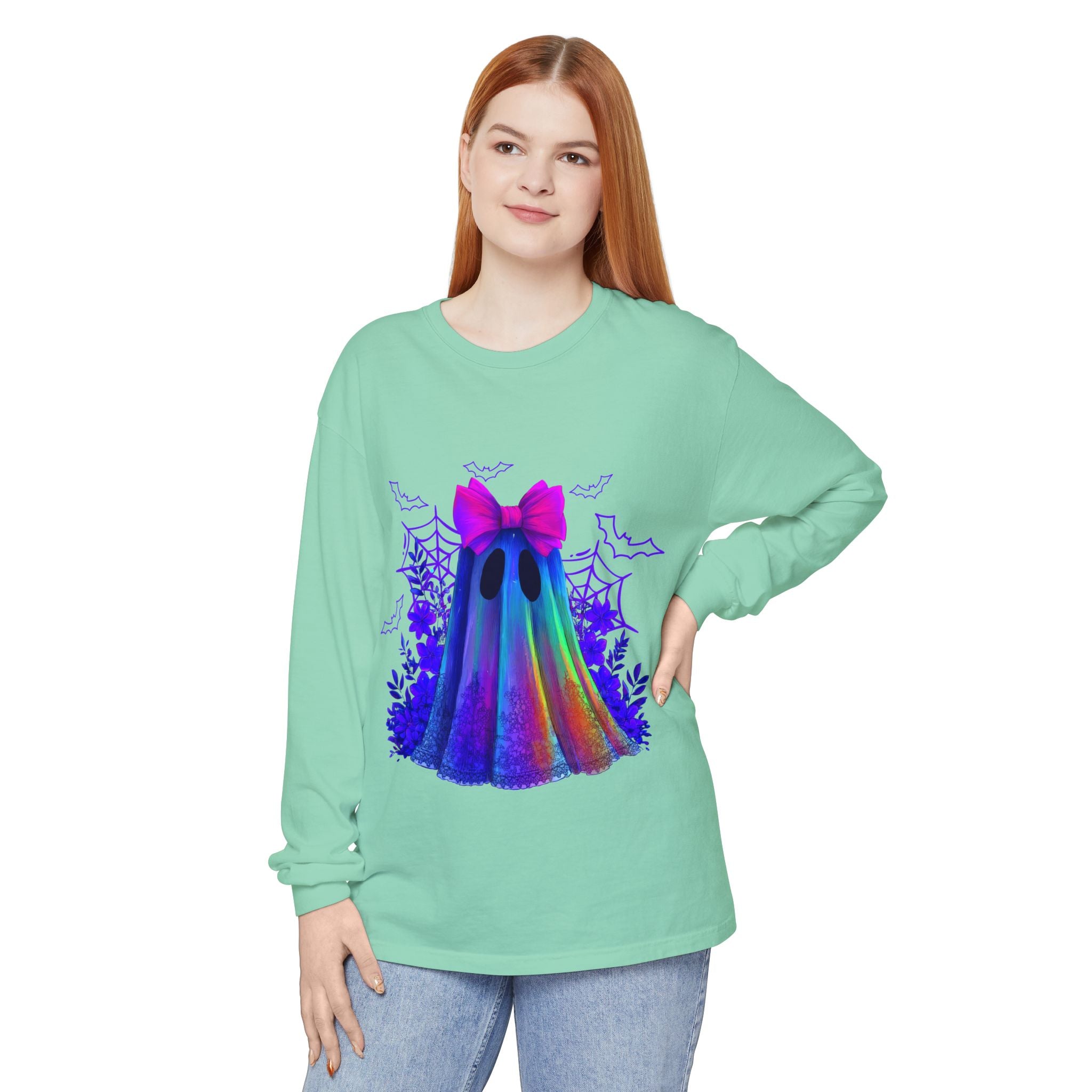Halloween Ghost Long Sleeve Tee — Holographic Bow Ghost Graphic