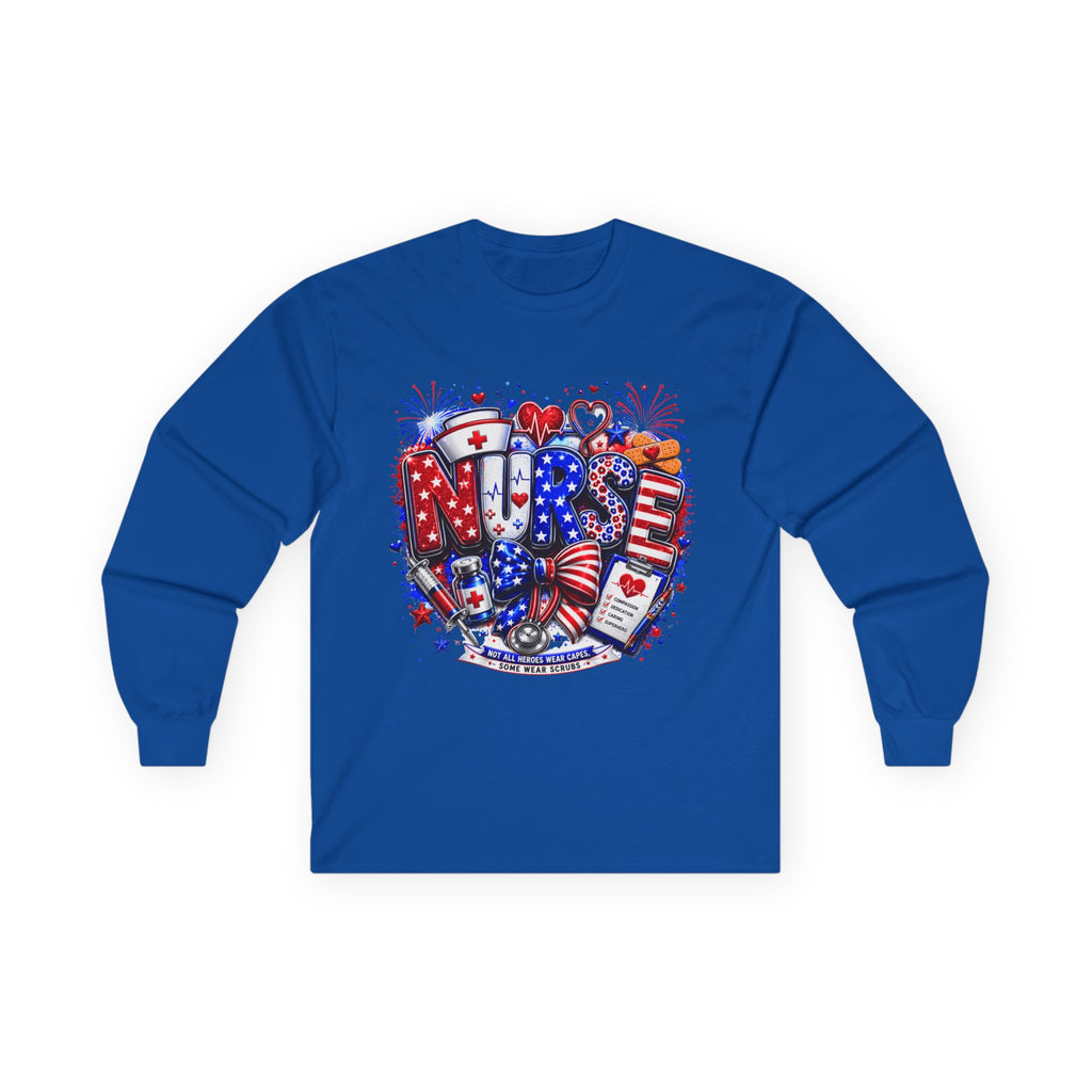 Nurse Heart Patriotic Long Sleeve Tee — USA Flag & Medical Design