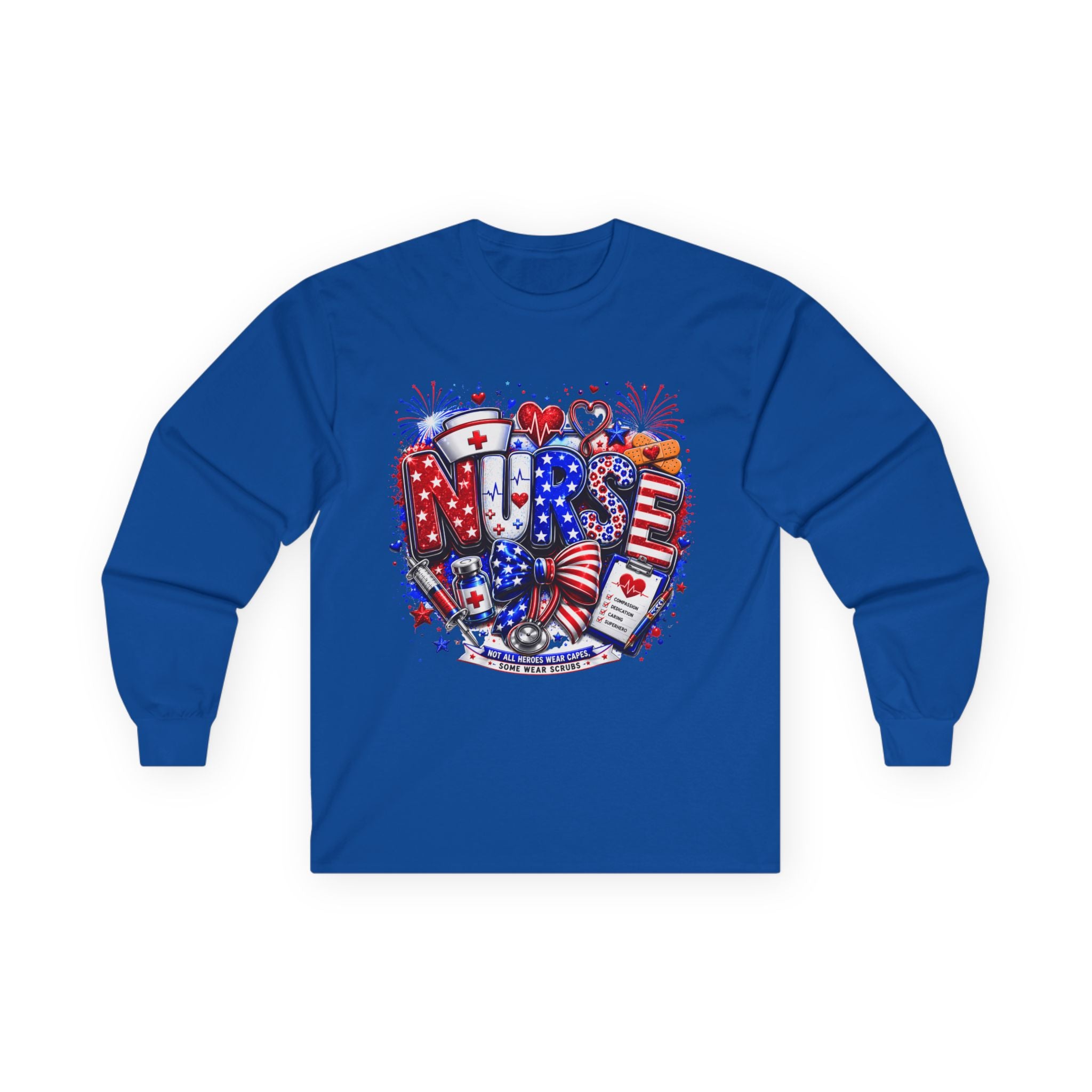 Nurse Heart Patriotic Long Sleeve Tee — USA Flag & Medical Design