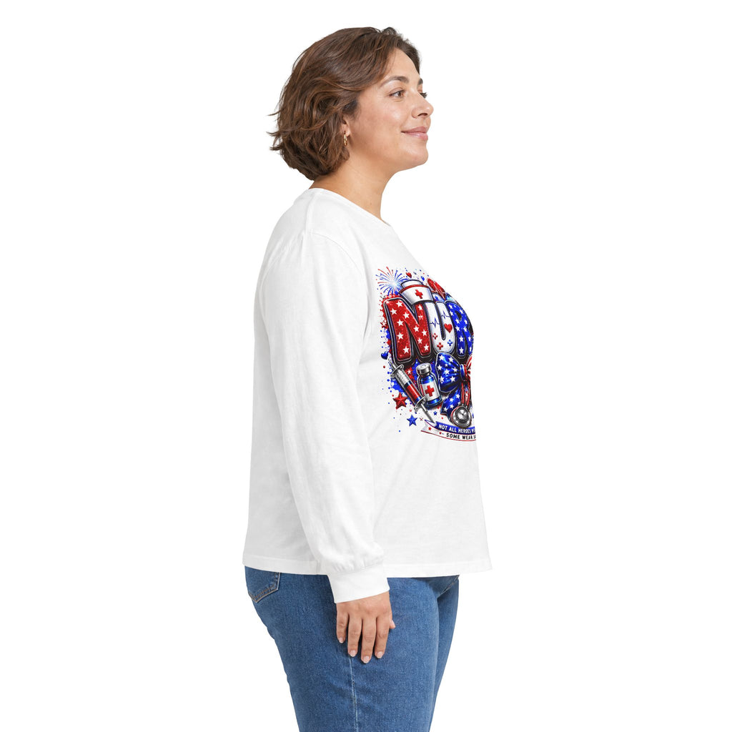 Nurse Heart Patriotic Long Sleeve Tee — USA Flag & Medical Design