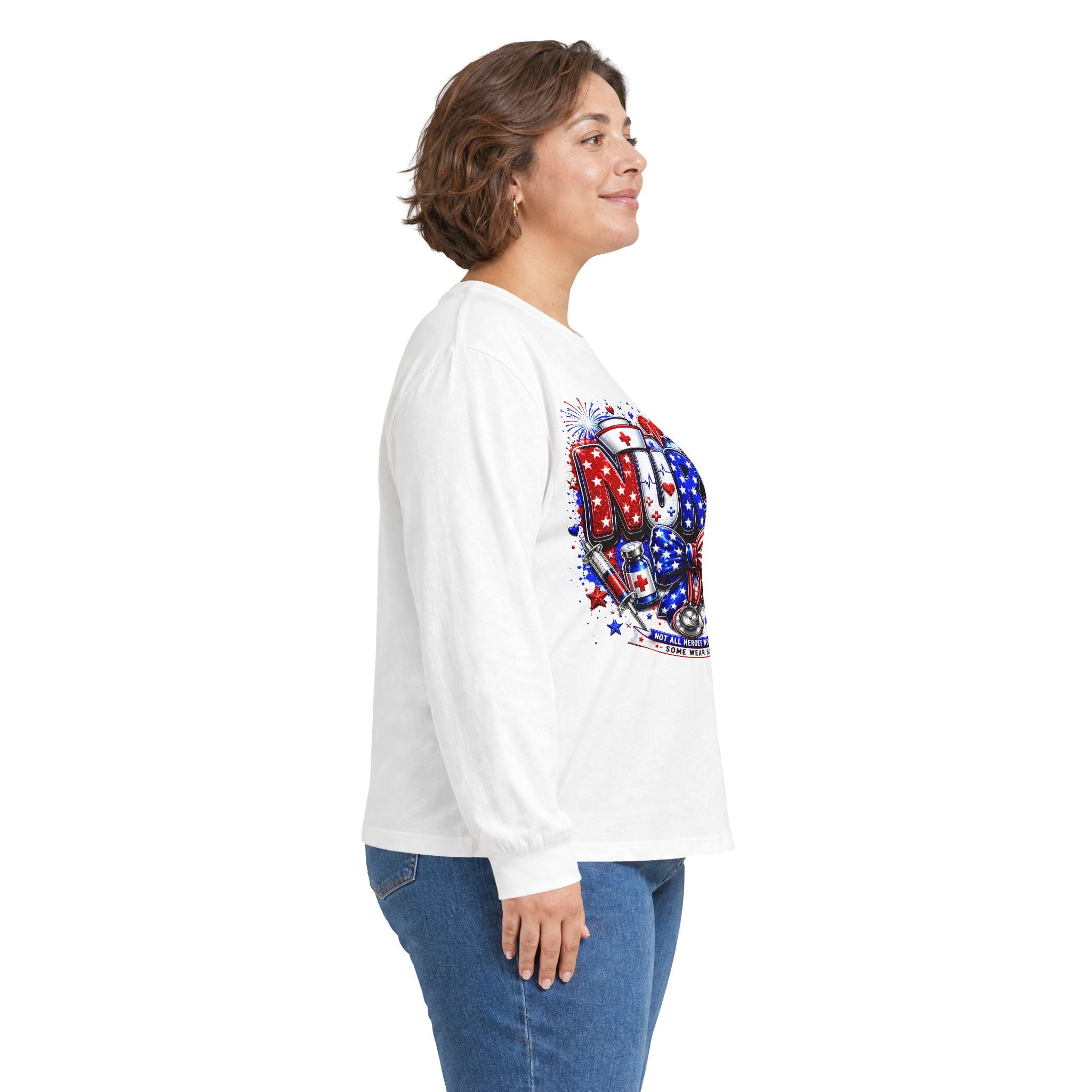 Nurse Heart Patriotic Long Sleeve Tee — USA Flag & Medical Design