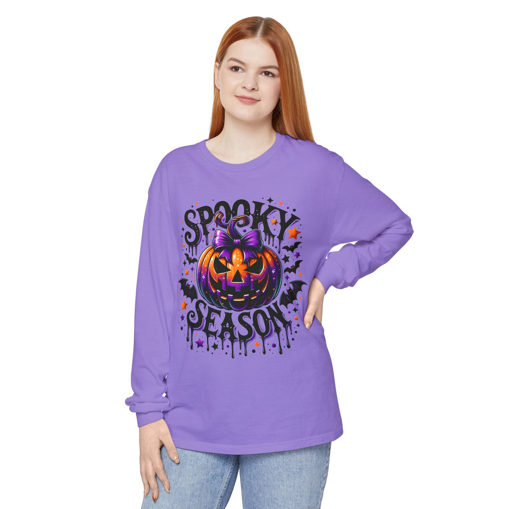 Spooky Season Long Sleeve Tee — Purple Pumpkin Halloween Design