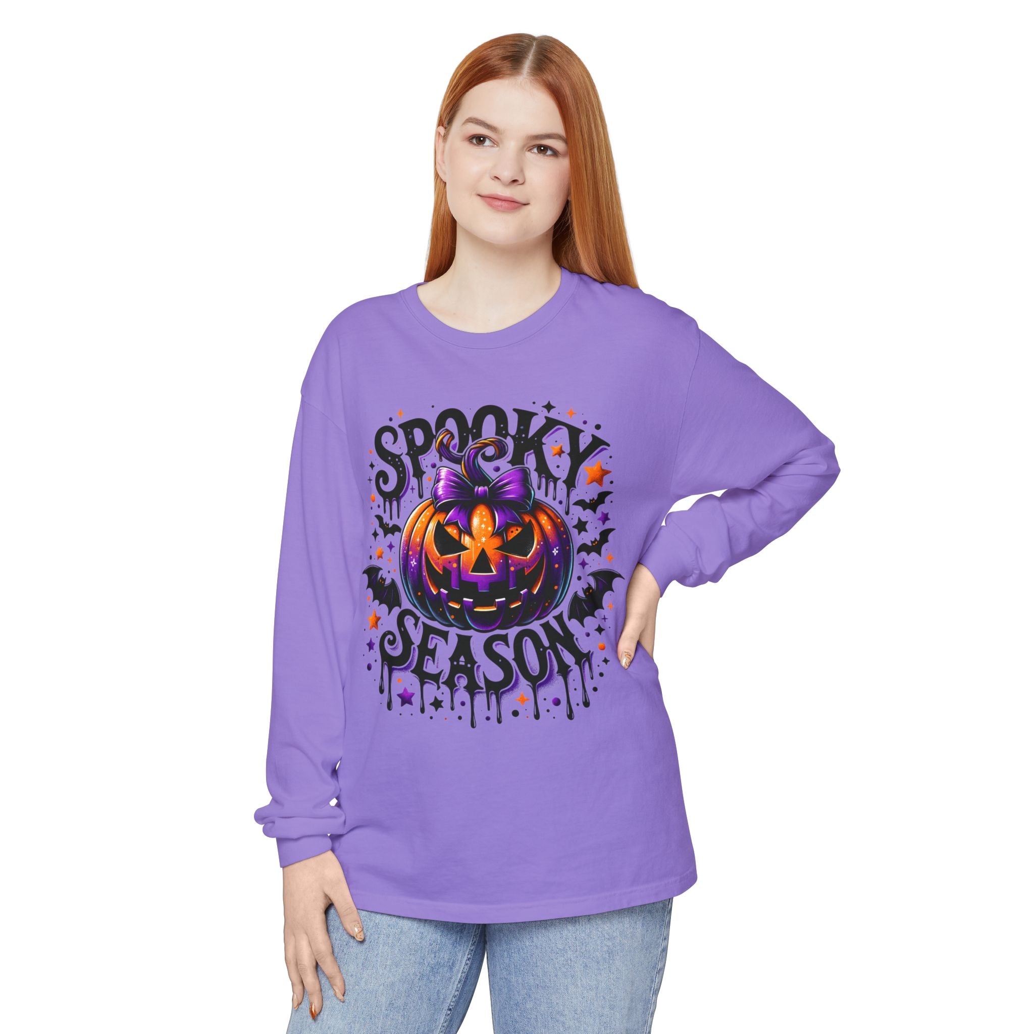 Spooky Season Long Sleeve Tee — Purple Pumpkin Halloween Design