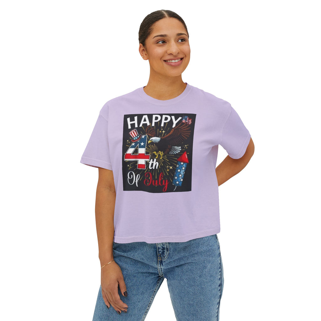Happy 4th of July Women's Boxy Tee – Patriotic Eagle & Fireworks Top