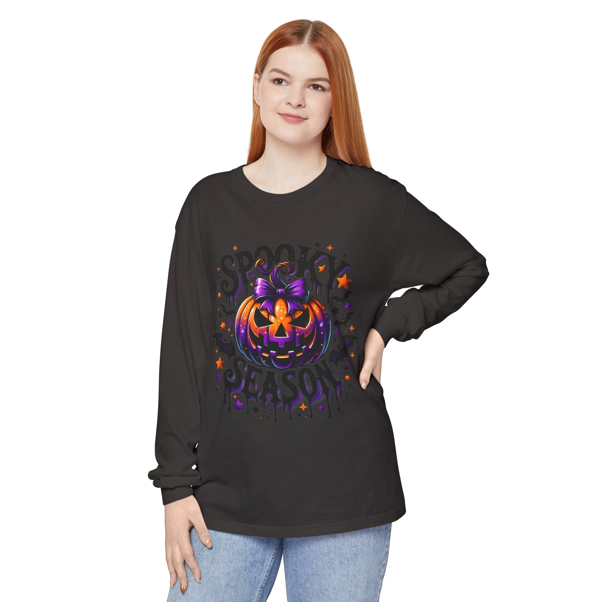 Spooky Season Long Sleeve Tee — Purple Jack-O'-Lantern Halloween Shirt