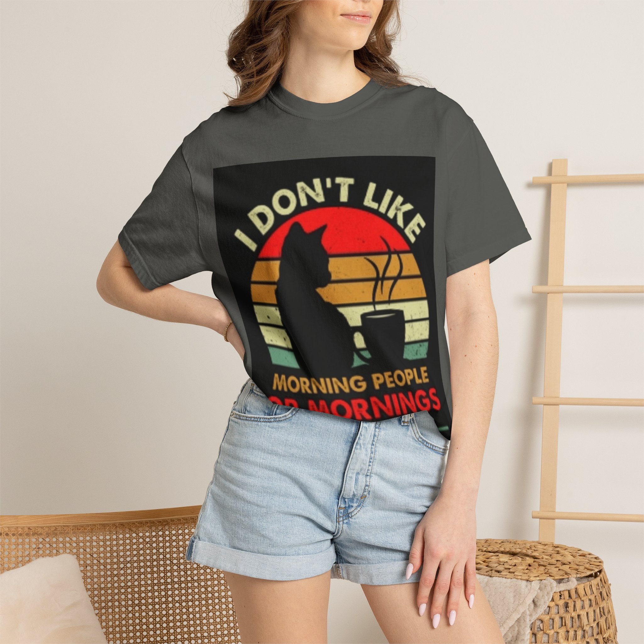 I Don't Like Morning People T-Shirt — Cat & Coffee Retro Graphic Tee