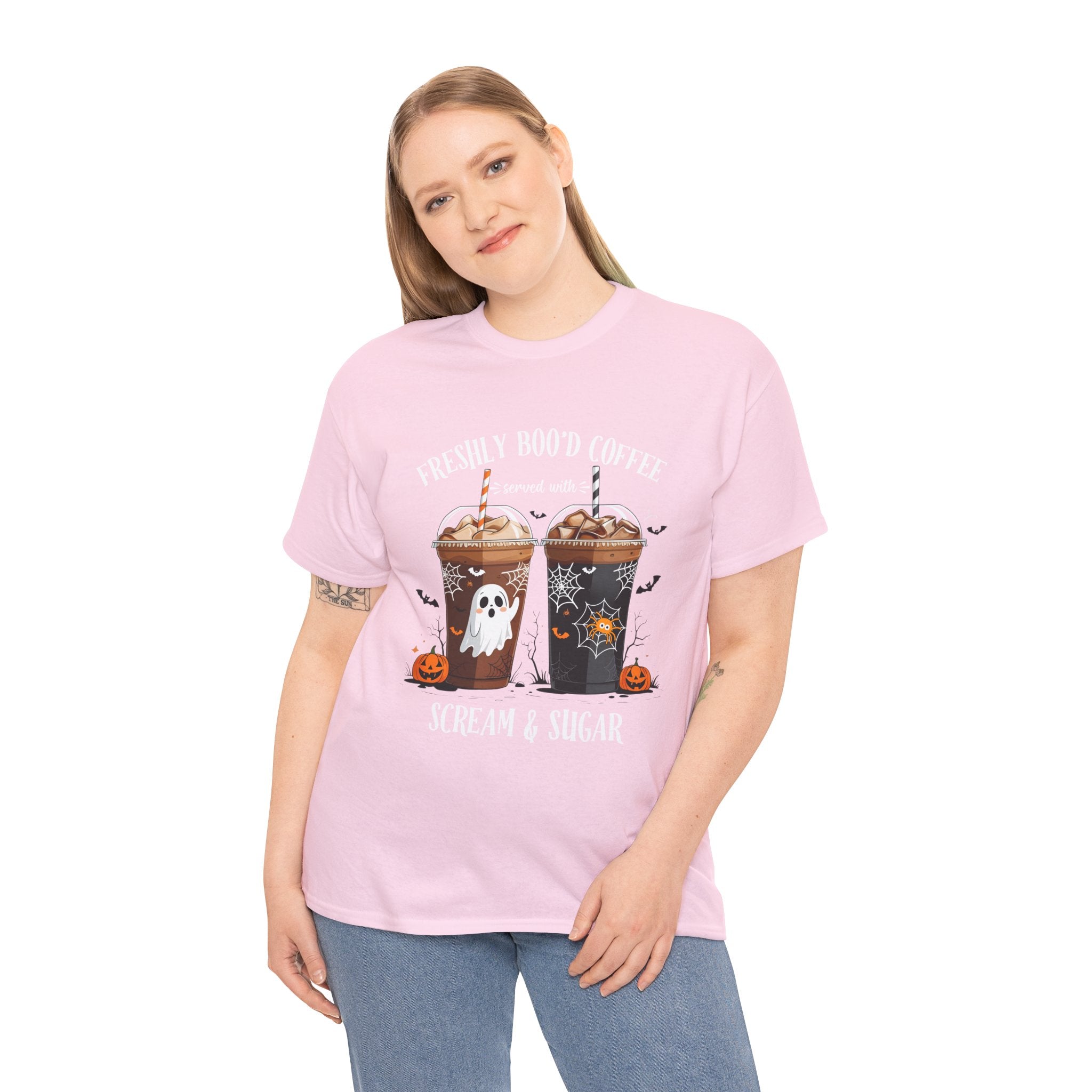 Halloween Coffee T‑Shirt - "Freshly Boo’d Coffee: Scream & Sugar" Funny Spooky Pumpkin Ghost Tee