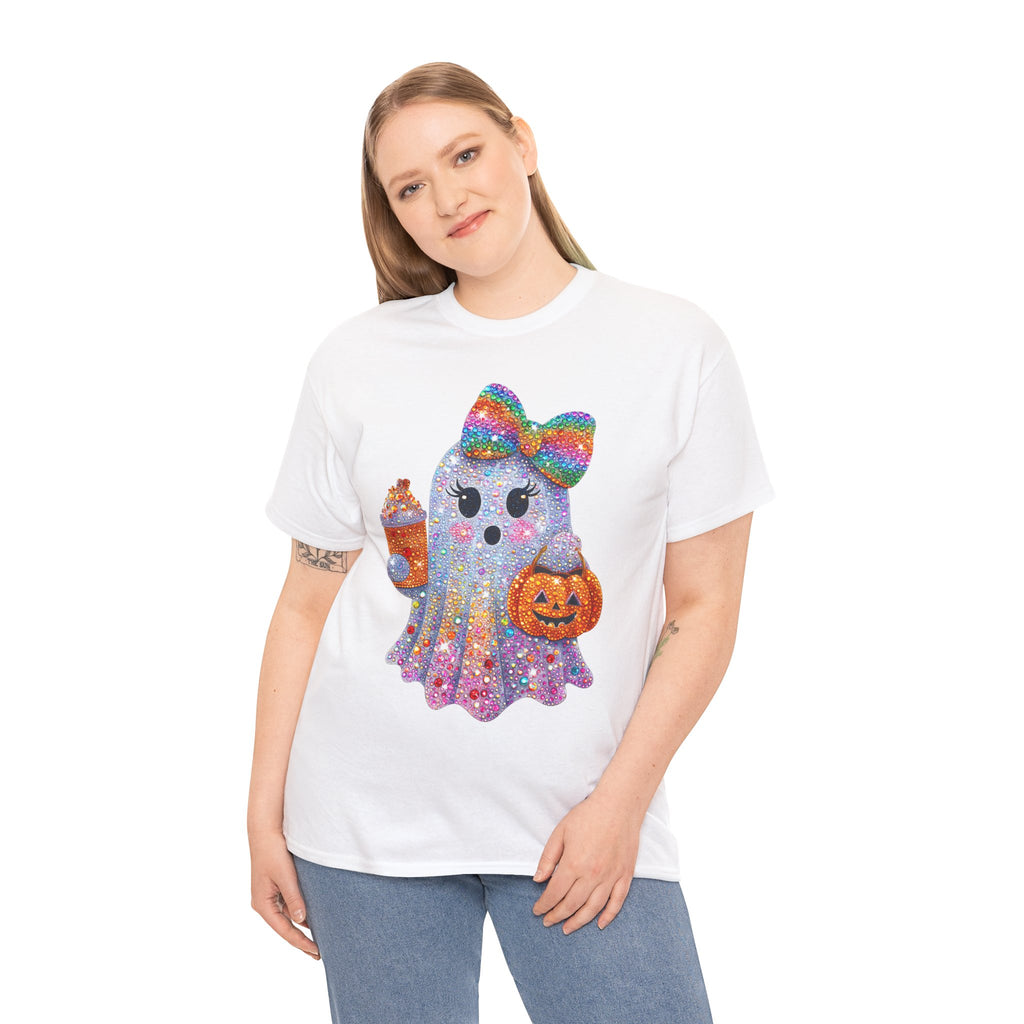 Cute Glitter Ghost T-Shirt — Rainbow Bow Halloween Tee with Pumpkin & Candy Cup