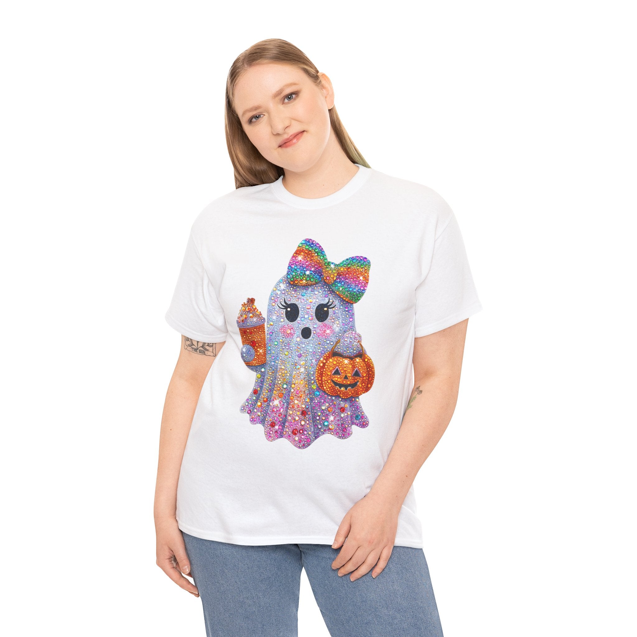 Cute Glitter Ghost T-Shirt — Rainbow Bow Halloween Tee with Pumpkin & Candy Cup