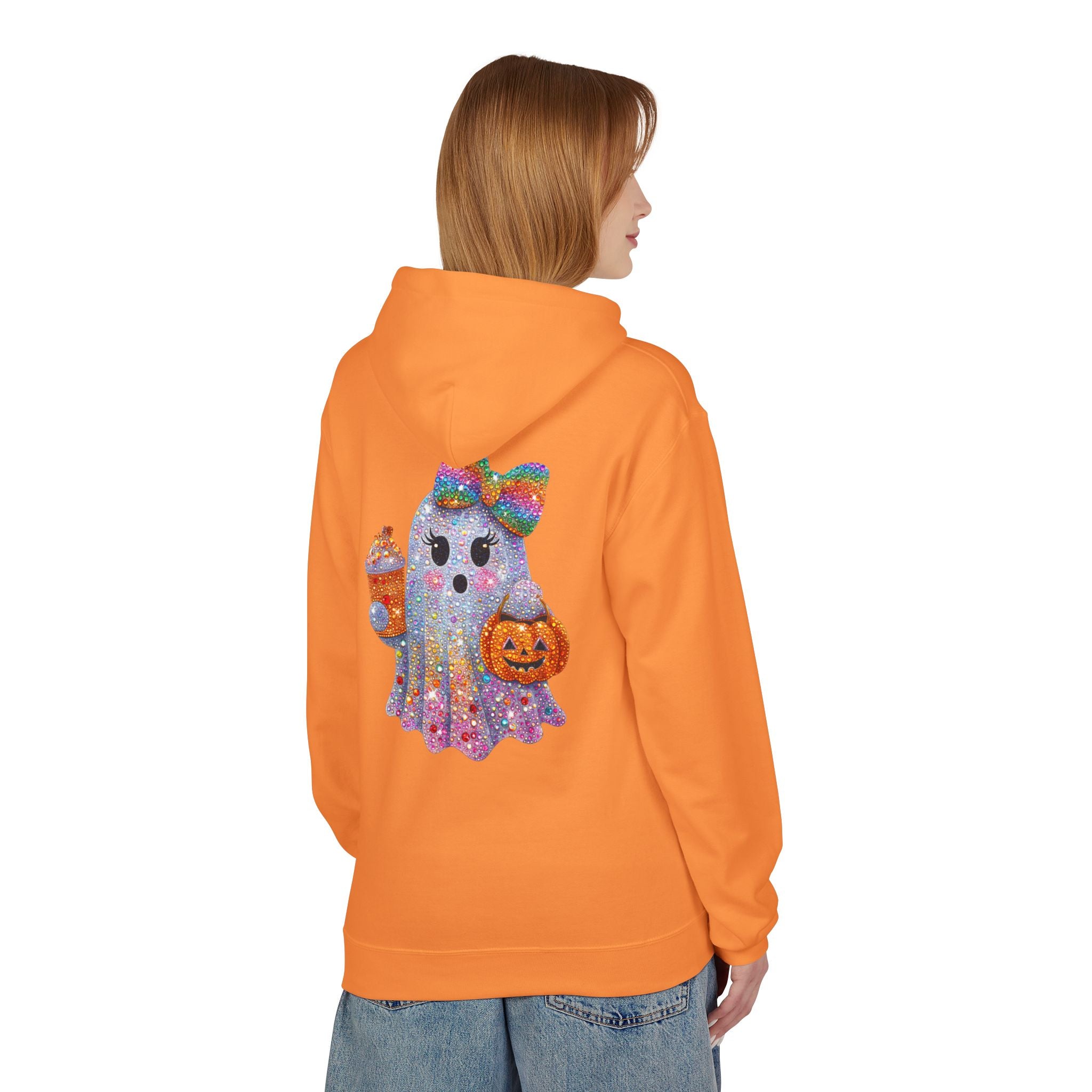 Cute Halloween Ghost Hoodie — Glitter Ghost Holding Pumpkin & Coffee Graphic