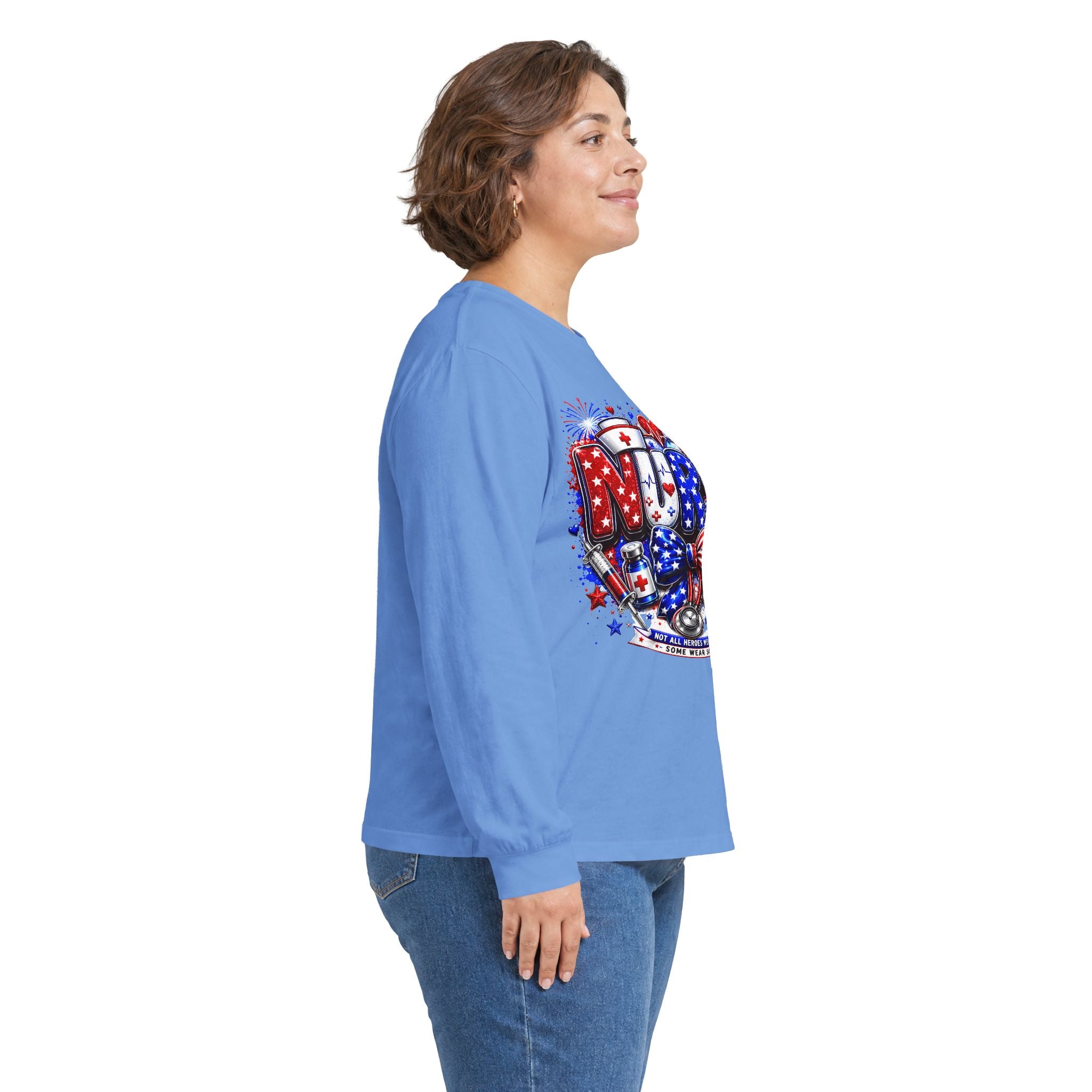Nurse Heart Patriotic Long Sleeve Tee — USA Flag & Medical Design
