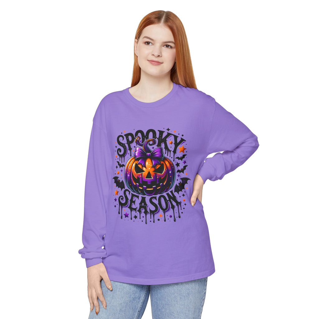 Spooky Season Long Sleeve Tee — Purple Jack-O'-Lantern Halloween Shirt