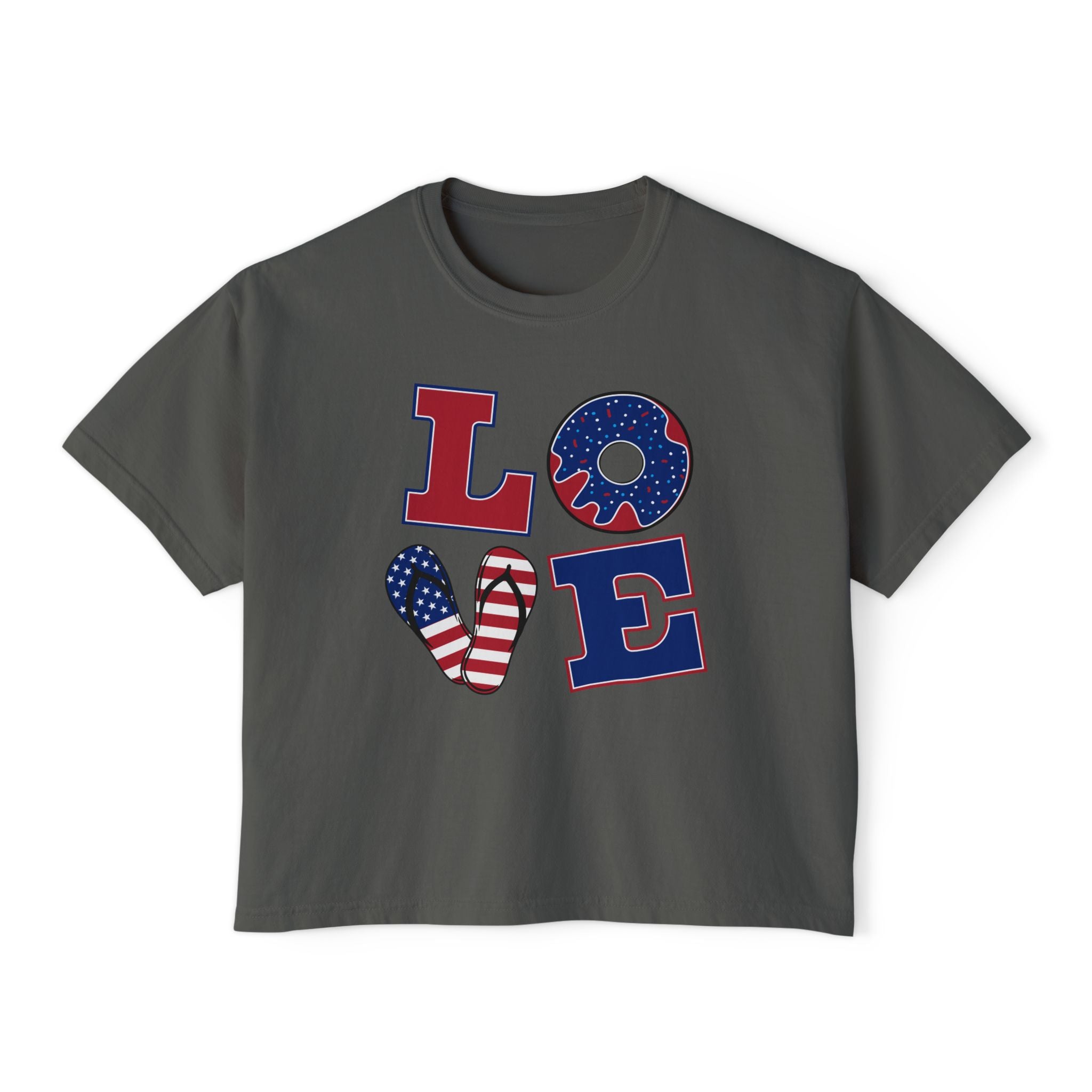 Patriotic LOVE Boxy Tee — Women's 4th of July American Flag Graphic Shirt