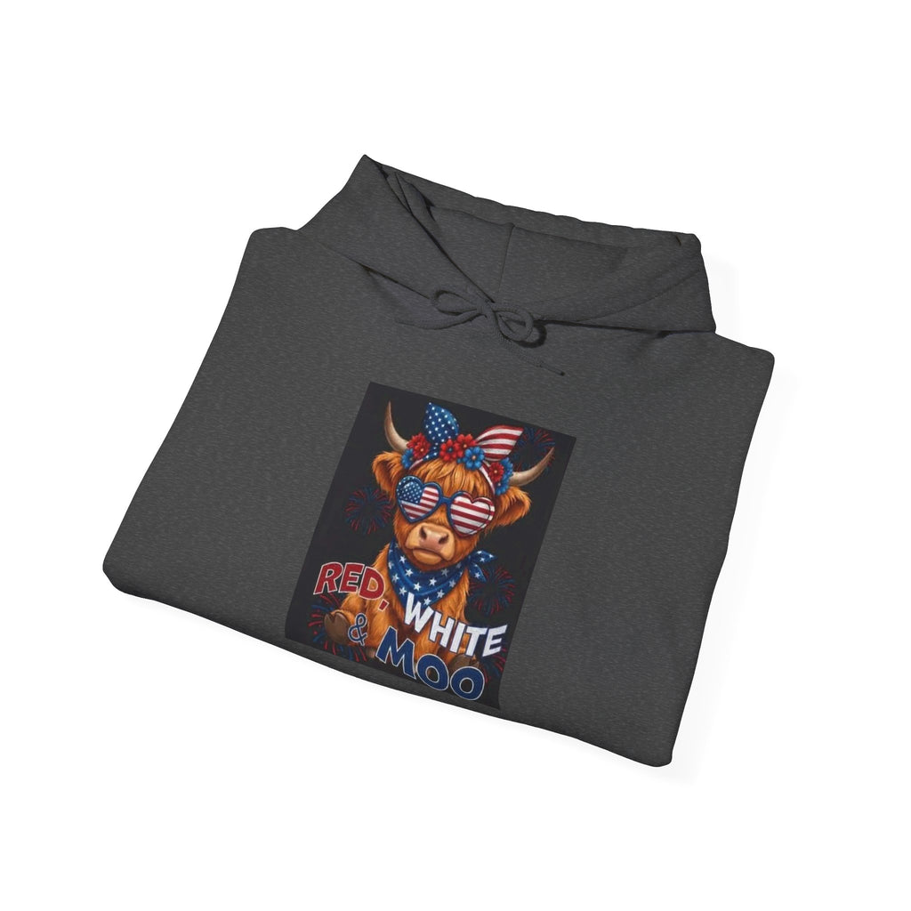 Patriotic Cow Graphic Hoodie — "Red White Moo" Americana Farmwear