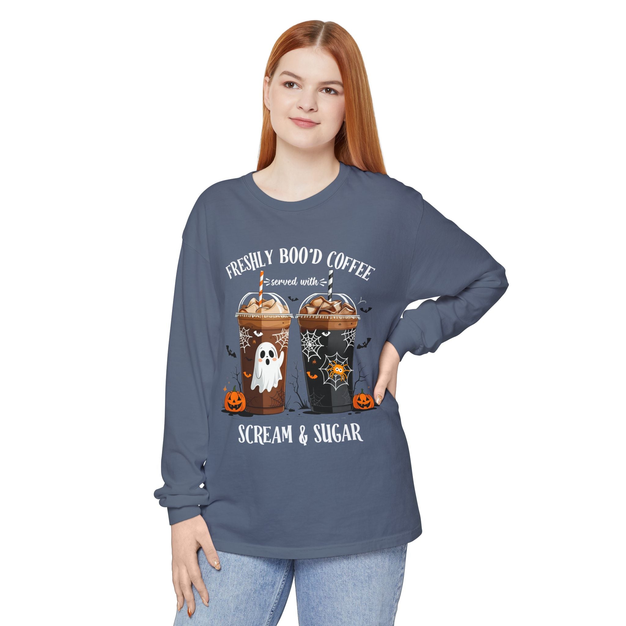 Halloween Coffee Long Sleeve Tee — "Freshly Boo'd Coffee, Scream & Sugar"
