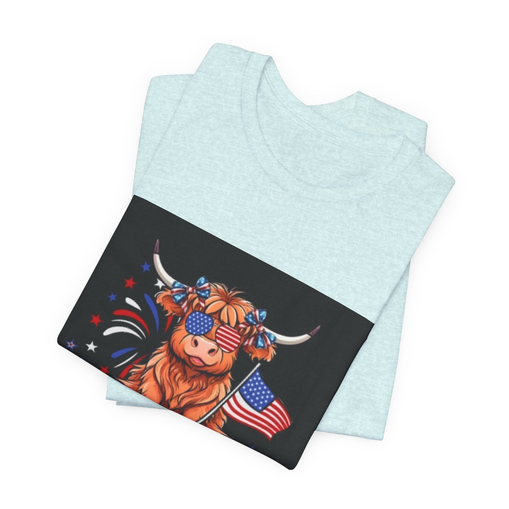 Patriotic Highland Cow Tee — "Merica" American Flag 4th of July Shirt