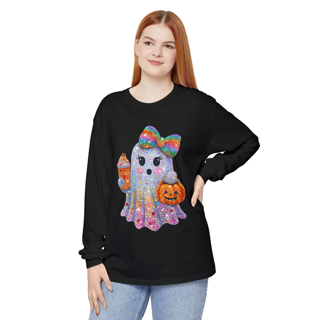 Sparkle Ghost Long Sleeve Tee — Cute Halloween Pumpkin & Candy Design