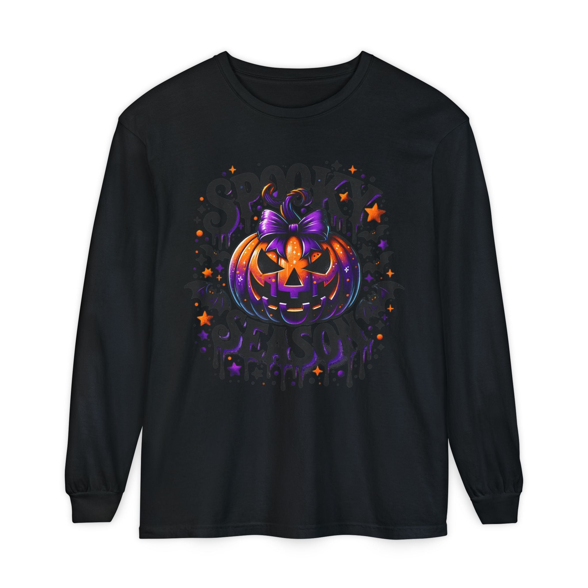 Spooky Season Long Sleeve Tee — Purple Pumpkin Halloween Design