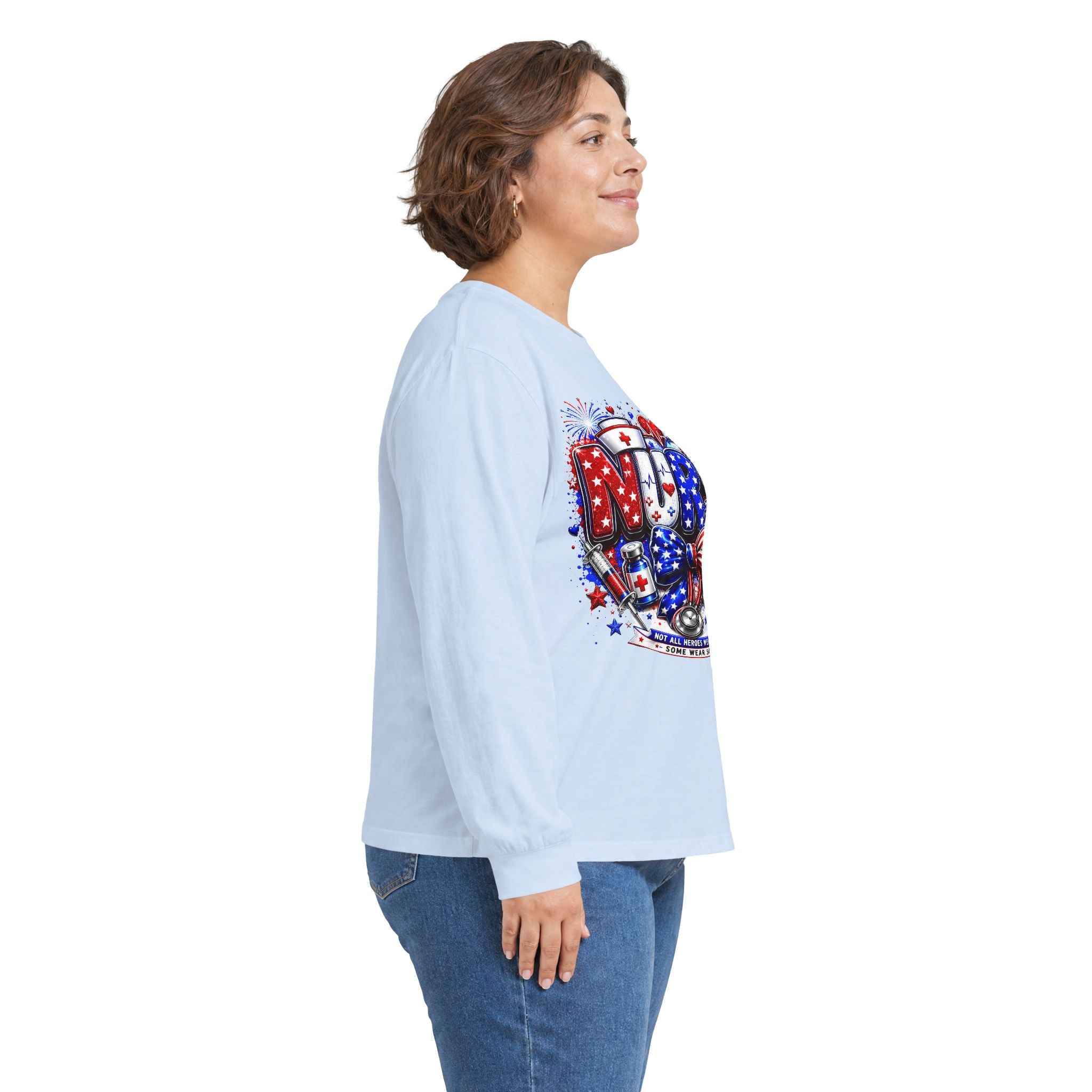 Nurse Heart Patriotic Long Sleeve Tee — USA Flag & Medical Design