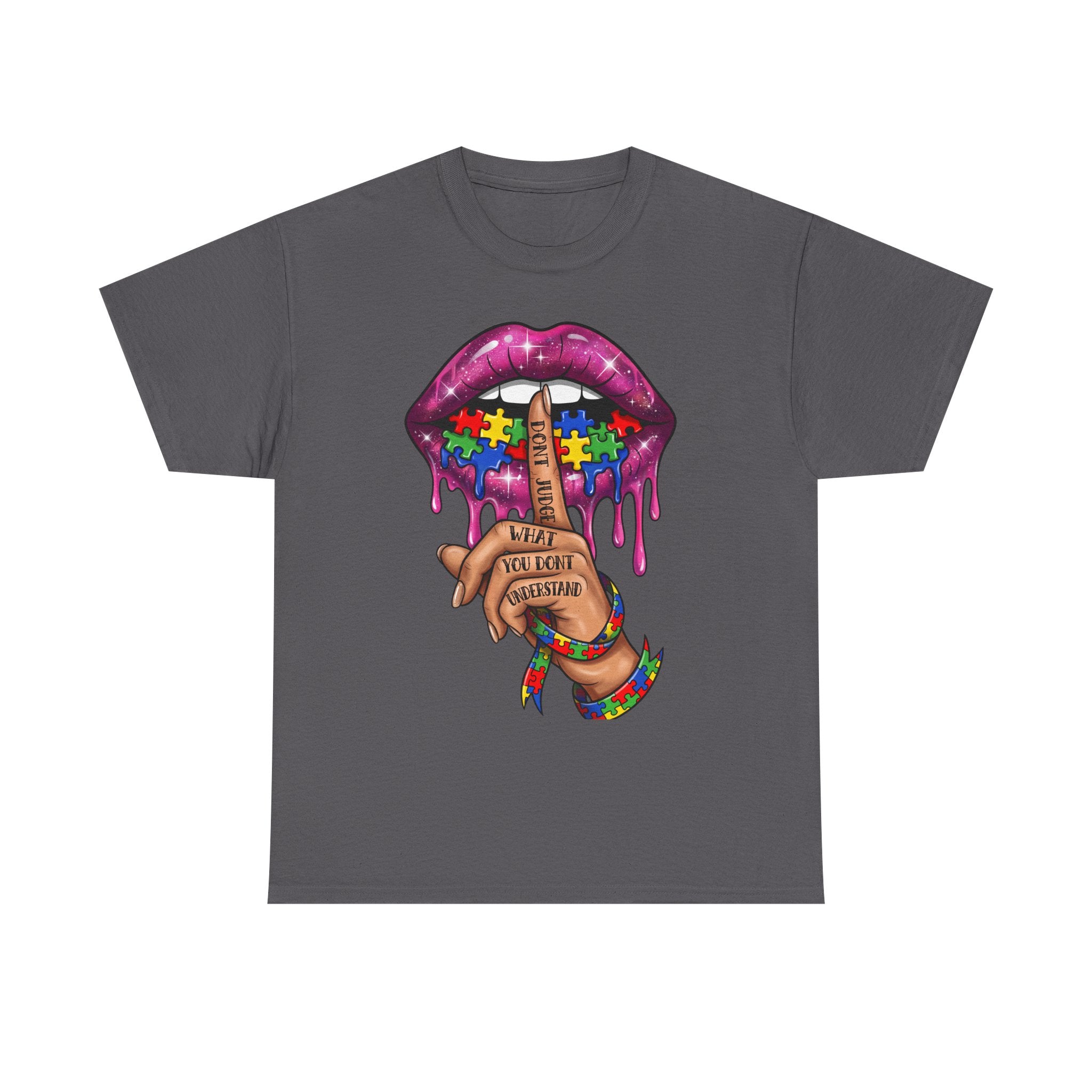 Autism Awareness Shh Lip Tee — Puzzle Heart Finger "You Know Unspoken" Graphic Shirt